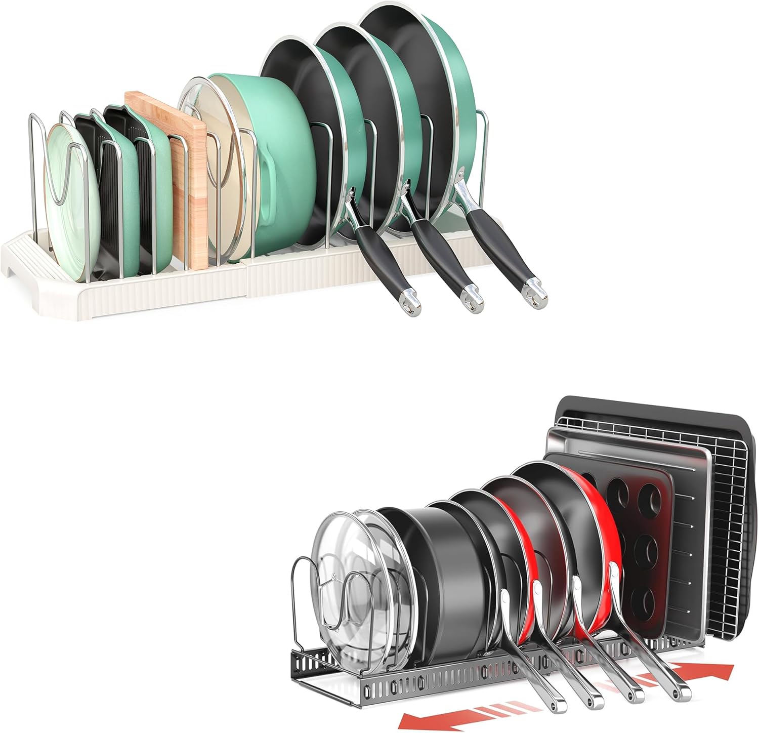 ORDORA Pots and Pans Organizer under Cabinet with Pan Holder, Pots and Pans Organizer for under Cabinet, Pan Pot Organizers inside Cabinet, Expandable Organizer with 10 Adjustable Dividers