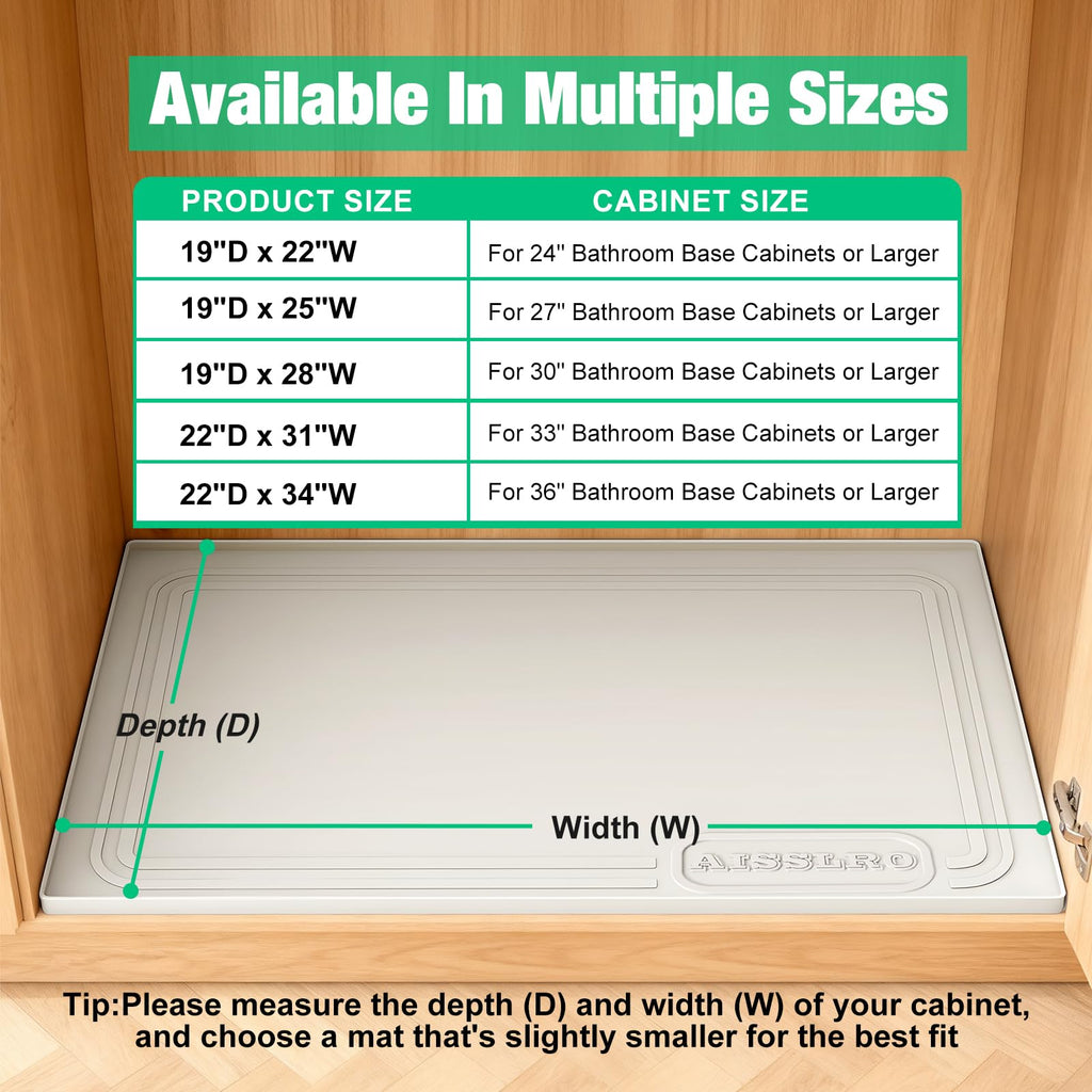 Aisslro Under Sink Mat 22" X 19", Waterproof Silicone Cabinet Protector with Raised Edge, Kitchen & Bathroom Leak Tray, Shelf Liner & Pet Feeding Mat for Dog Cat Food Mats, Light Gray