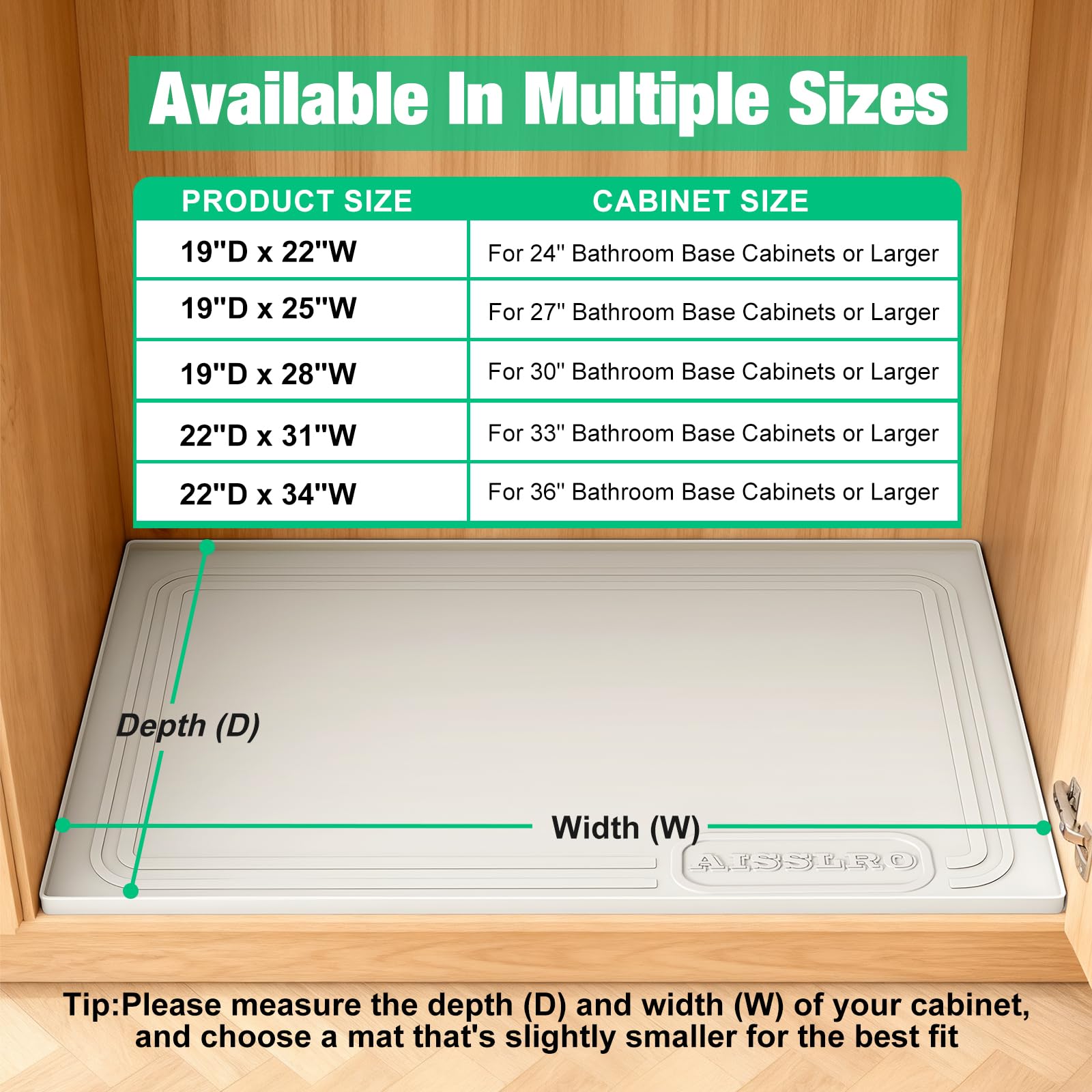 Aisslro Under Sink Mat 22" X 19", Waterproof Silicone Cabinet Protector with Raised Edge, Kitchen & Bathroom Leak Tray, Shelf Liner & Pet Feeding Mat for Dog Cat Food Mats, Light Gray