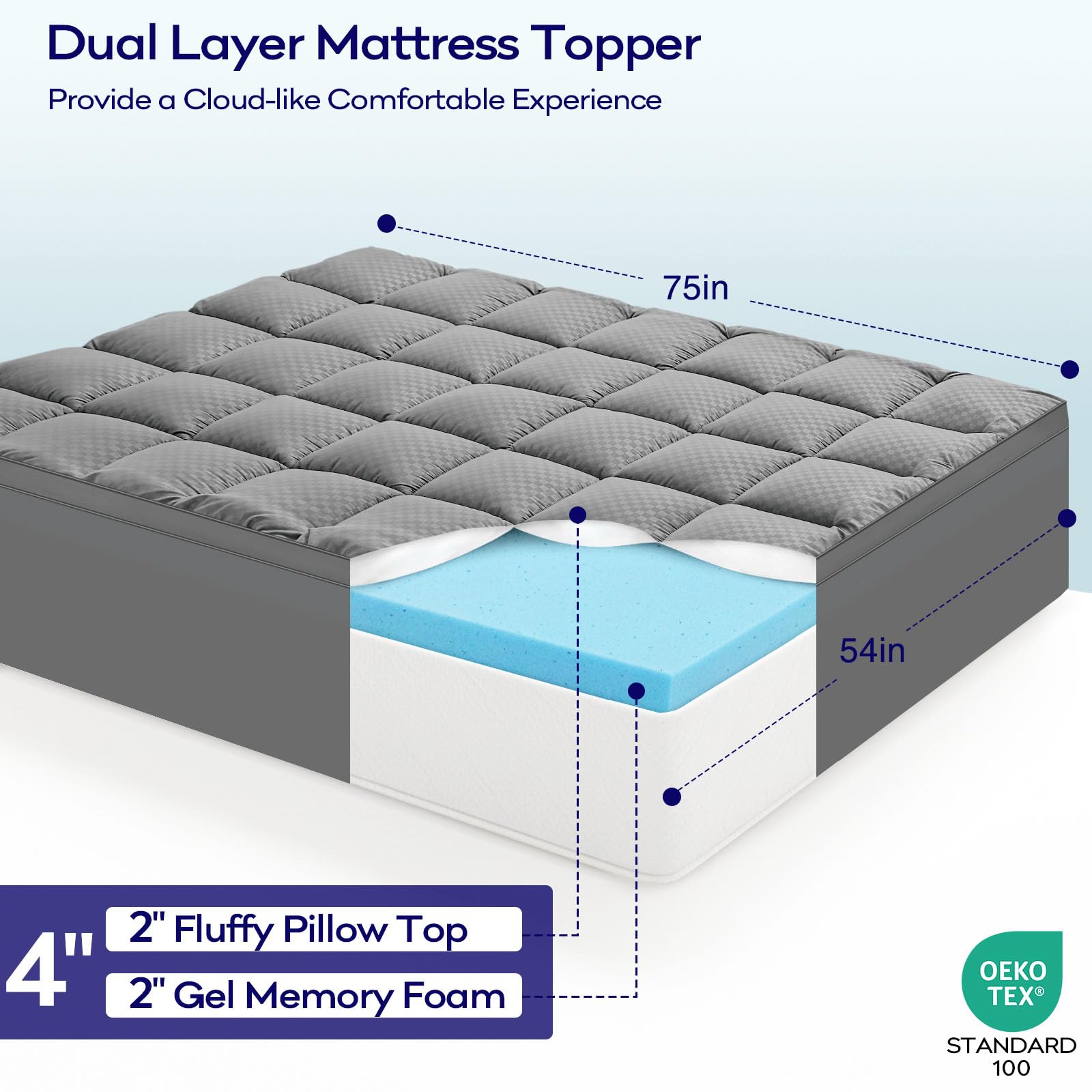 OLANLY Dual-Layer 4 Inch Queen Size Memory Foam Mattress Topper for Back Pain, 2 Inch Cooling Pillow Top Mattress Pad Cover and 2 Inch Gel Memory Foam Topper, Deep Elastic Pocket, Grey
