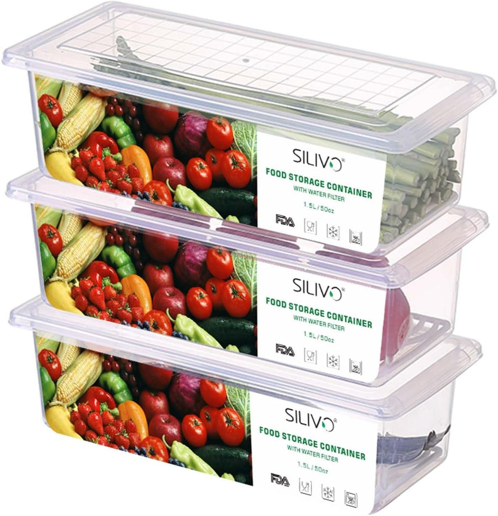 SILIVO Fruit Storage Containers for Fridge (3 Pack) - 1.5L Produce Saver Containers for Refrigerator with Removable Drain Tray Keep Fresh for Produce, Bacon, Fruits and Vegetables