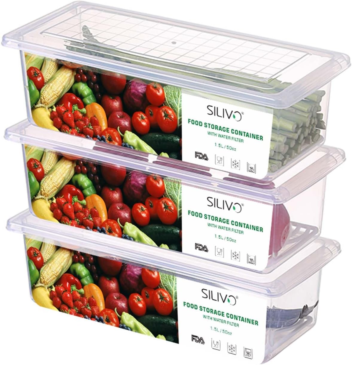 SILIVO Fruit Storage Containers for Fridge (3 Pack) - 1.5L Produce Saver Containers for Refrigerator with Removable Drain Tray Keep Fresh for Produce, Bacon, Fruits and Vegetables