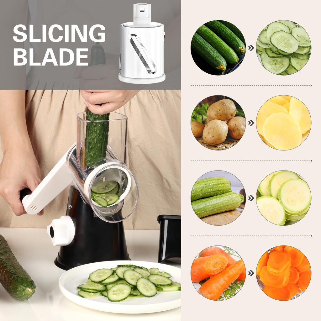 Cambom 5 in 1 Rotary Cheese Grater Hand Crank Cheese Shredder for Fresh Cheese, Vegetable, Nuts,Non-slip Suction Base, Black