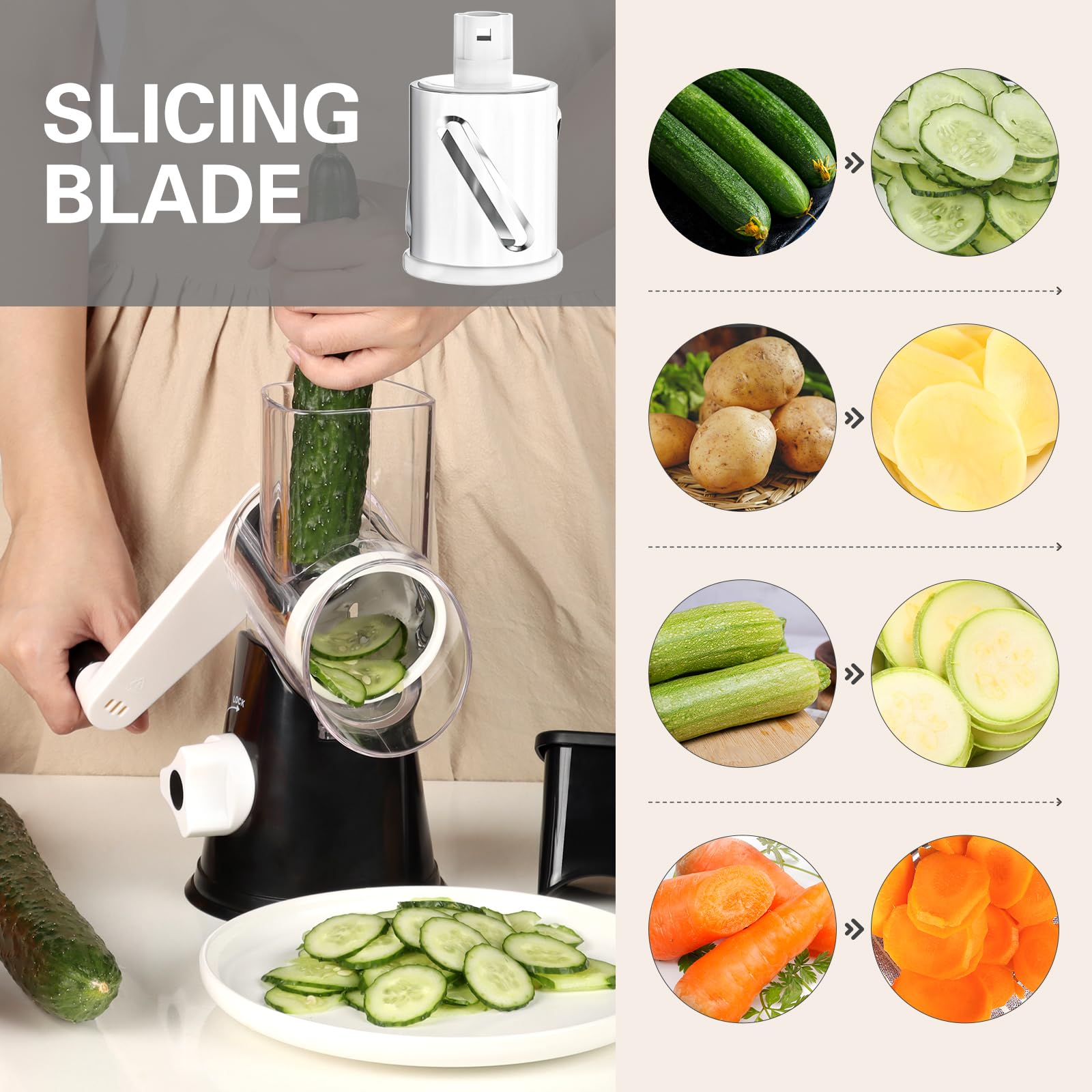 Cambom 5 in 1 Rotary Cheese Grater Hand Crank Cheese Shredder for Fresh Cheese, Vegetable, Nuts,Non-slip Suction Base, Black