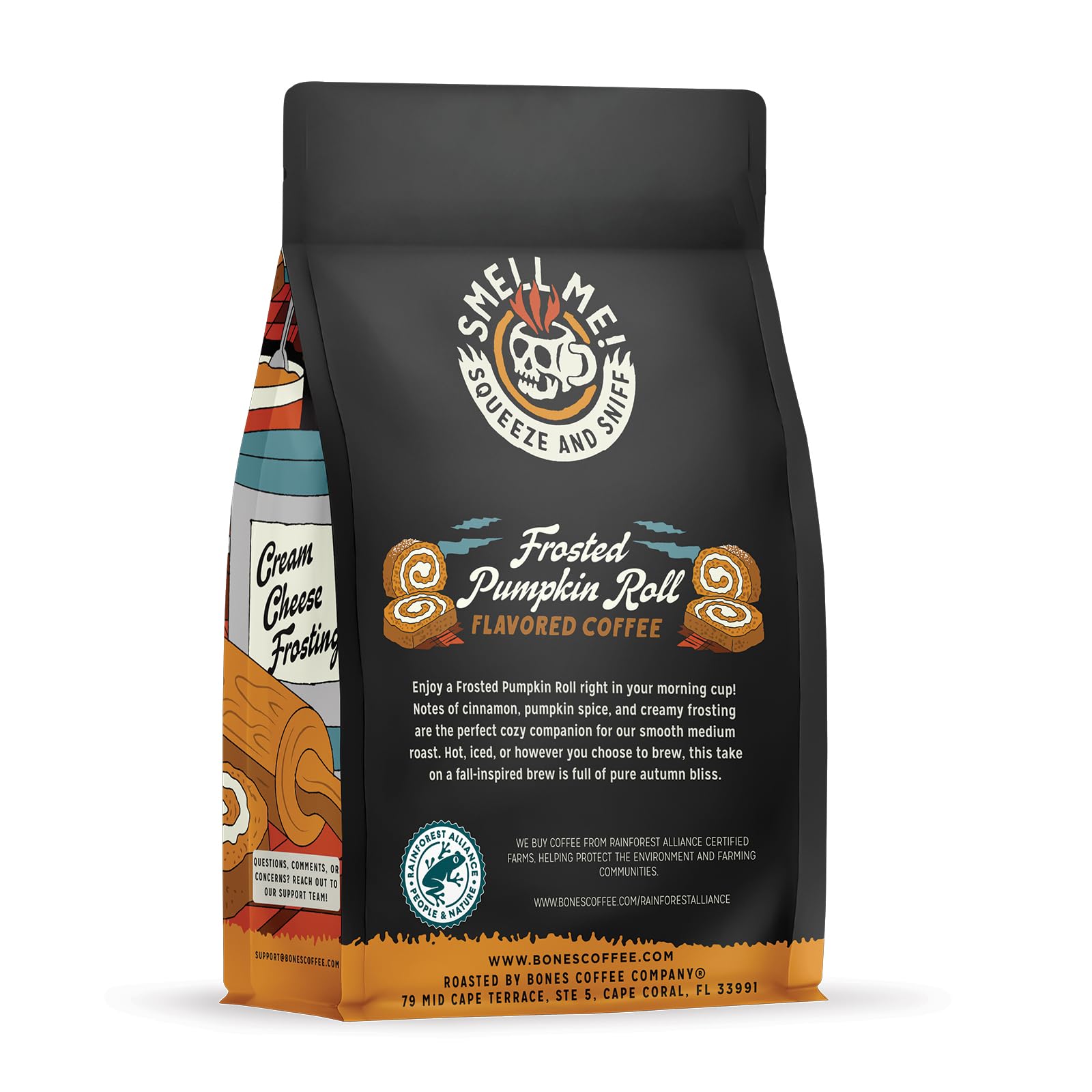 Bones Coffee Company Cinnamon Roll Flavored Coffee, Medium Roast Low Acid Arabica Beans Compatible with Auto drip and French Press Coffee Maker, 12 Oz Ground