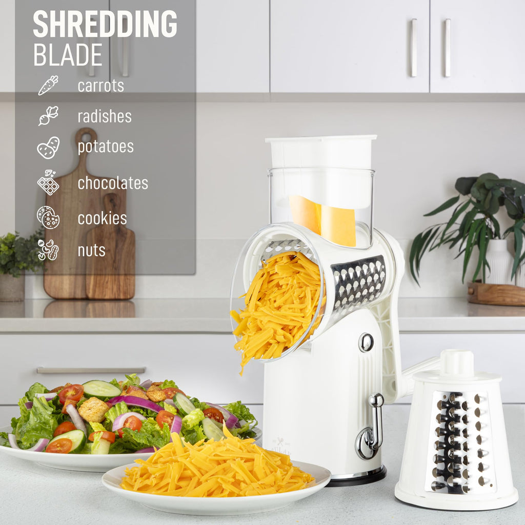 Zulay Kitchen Rotary Cheese Grater 5 Blade Cheese Shredder - Manual Hand Crank Cheese Grater With Reinforced Suction & 5 Interchangeable Drums - Easy to Use, Vegetable Chopper Round Mandoline Slicer