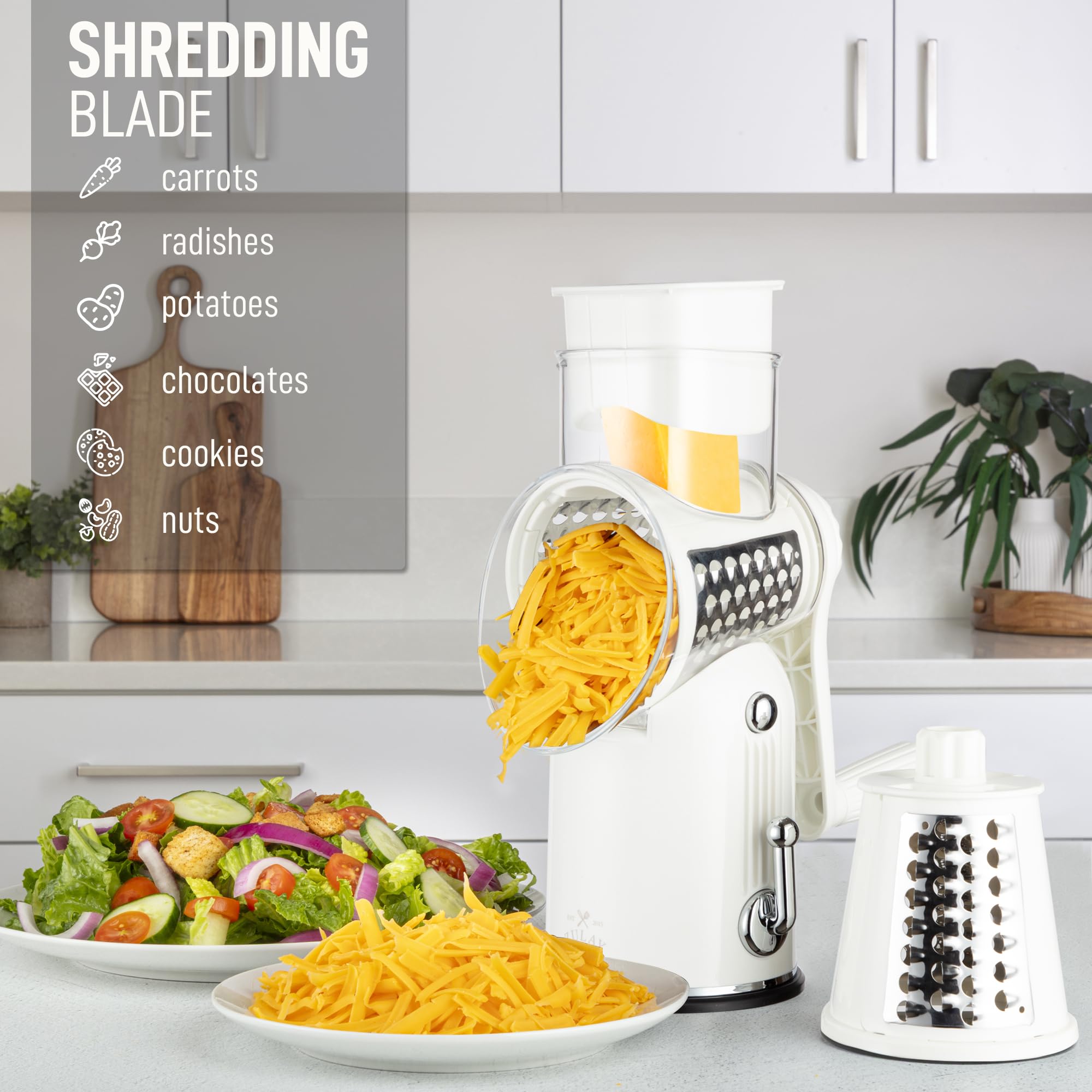 Zulay Kitchen Rotary Cheese Grater 5 Blade Cheese Shredder - Manual Hand Crank Cheese Grater With Reinforced Suction & 5 Interchangeable Drums - Easy to Use, Vegetable Chopper Round Mandoline Slicer