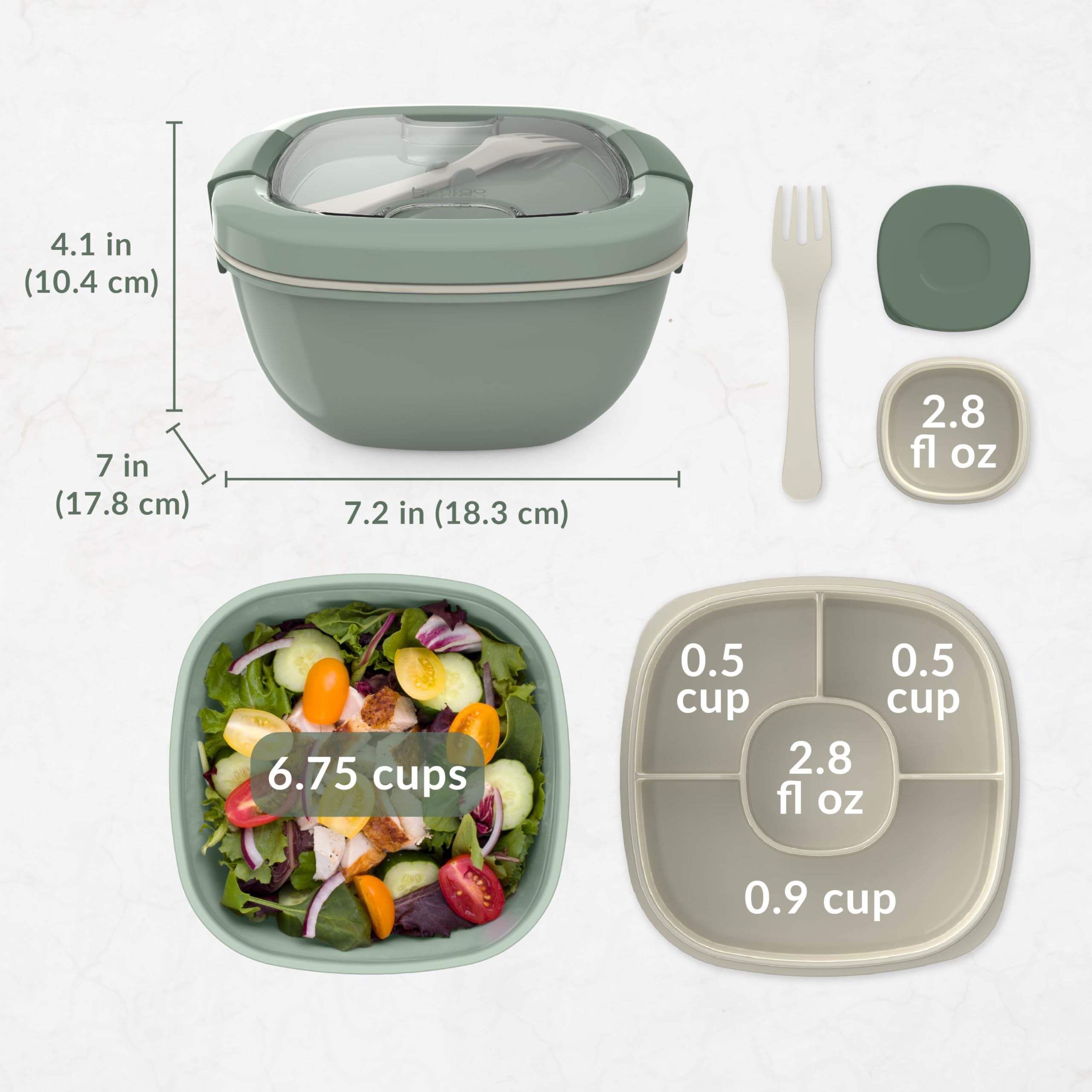 Bentgo Salad Container - 54 oz Bowl with 4-Compartment Toppings Tray, Leak-Proof Dressing Container, Reusable Fork, BPA-Free Lunch Box for Meal Prep & Food Storage; Removable Bento Tray (Khaki Green)