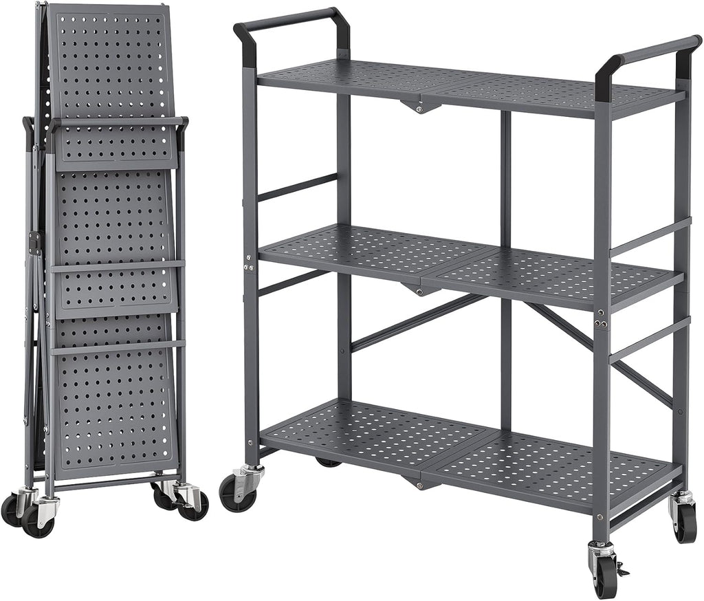3 Tier Utility Carts - Folding Metal Rolling Cart with Wheels for Kitchen Office Garage Storage, Grey