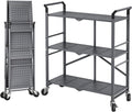3 Tier Utility Carts - Folding Metal Rolling Cart with Wheels for Kitchen Office Garage Storage, Grey