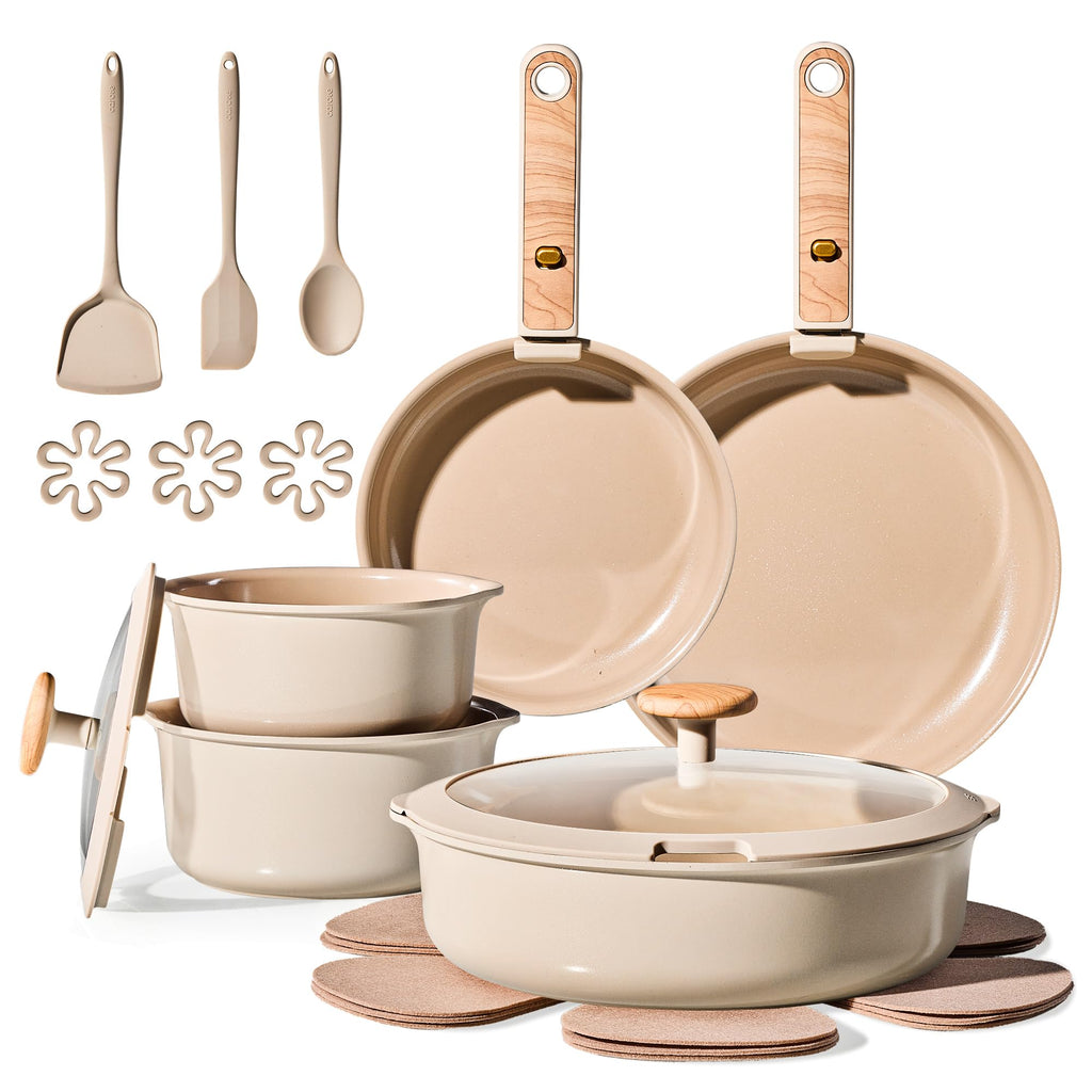 CAROTE 4pcs Ceramic Frying Pans Titanium Non Stick, 8"+10"+12” Frying Pan Egg Pan Omelet Pans with Detachable Handle, Nonstick Cookware, PFOA Free, Induction Compatible & Oven Safe, Dishwasher Safe