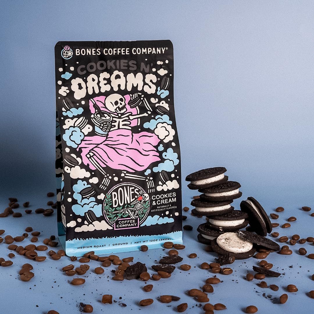 Bones Coffee Company Highland Grog, Butterscotch Caramel Flavored Coffee, Medium Roast Low Acid Arabica Beans Compatible with Auto drip and French Press Coffee Maker, 12 Oz Ground