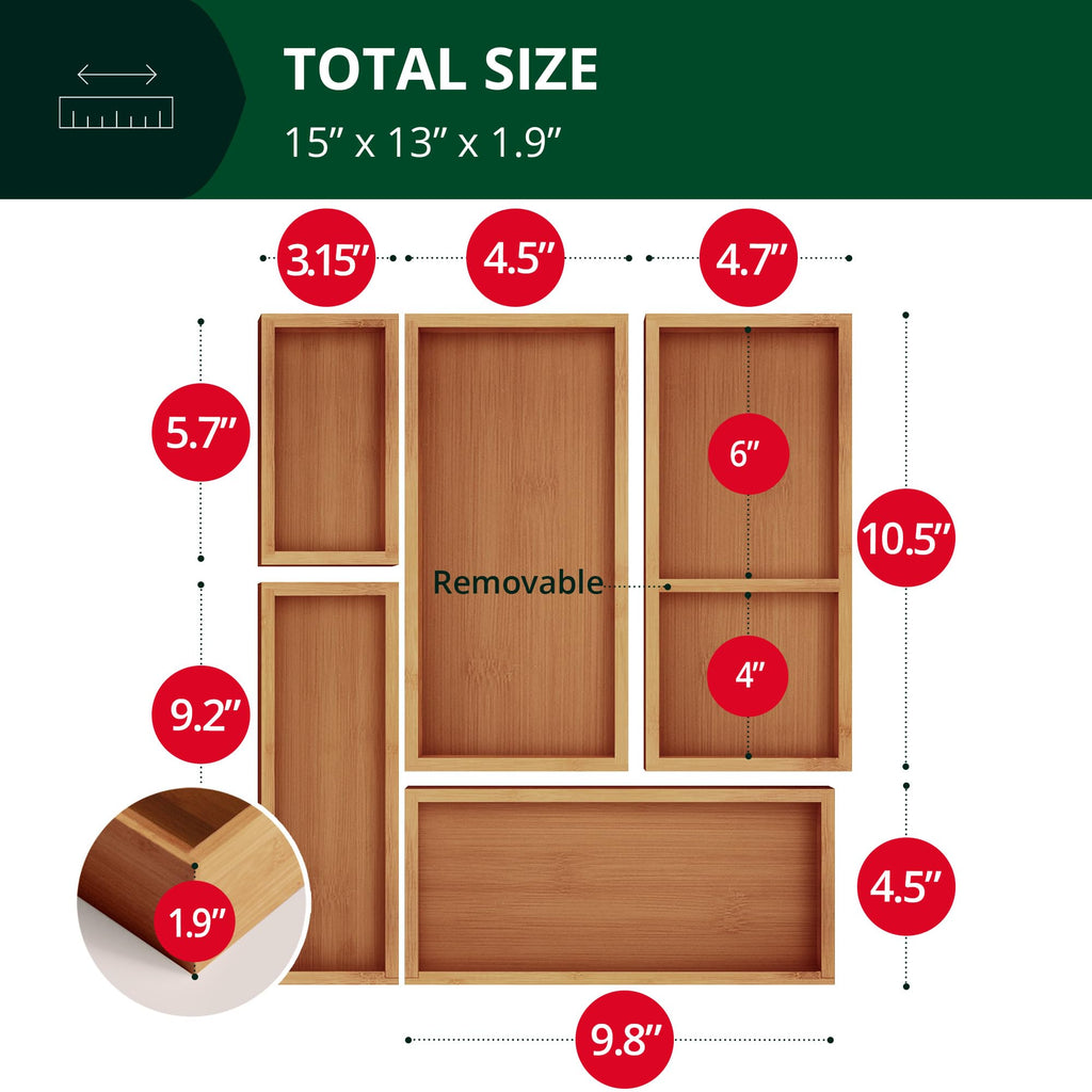 ROYAL CRAFT WOOD 5-Piece Bamboo Drawer Organizer Set – Multi-Use Storage Trays for Kitchen, Bathroom, Office, Makeup, Jewelry & More – Junk Drawer Tray, Utensil Holder, Storage Box & Bin Set (5 Boxes)