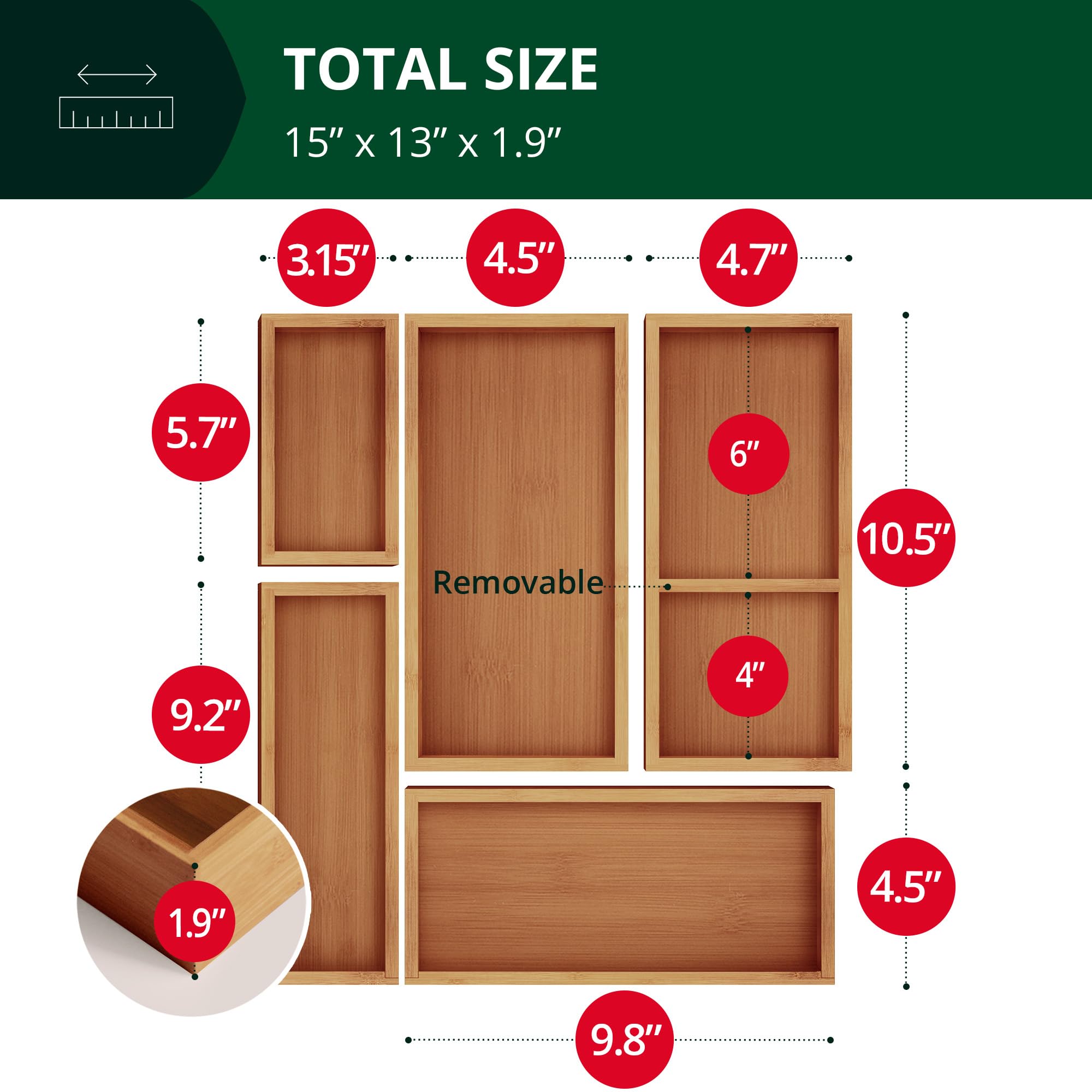 ROYAL CRAFT WOOD 5-Piece Bamboo Drawer Organizer Set – Multi-Use Storage Trays for Kitchen, Bathroom, Office, Makeup, Jewelry & More – Junk Drawer Tray, Utensil Holder, Storage Box & Bin Set (5 Boxes)