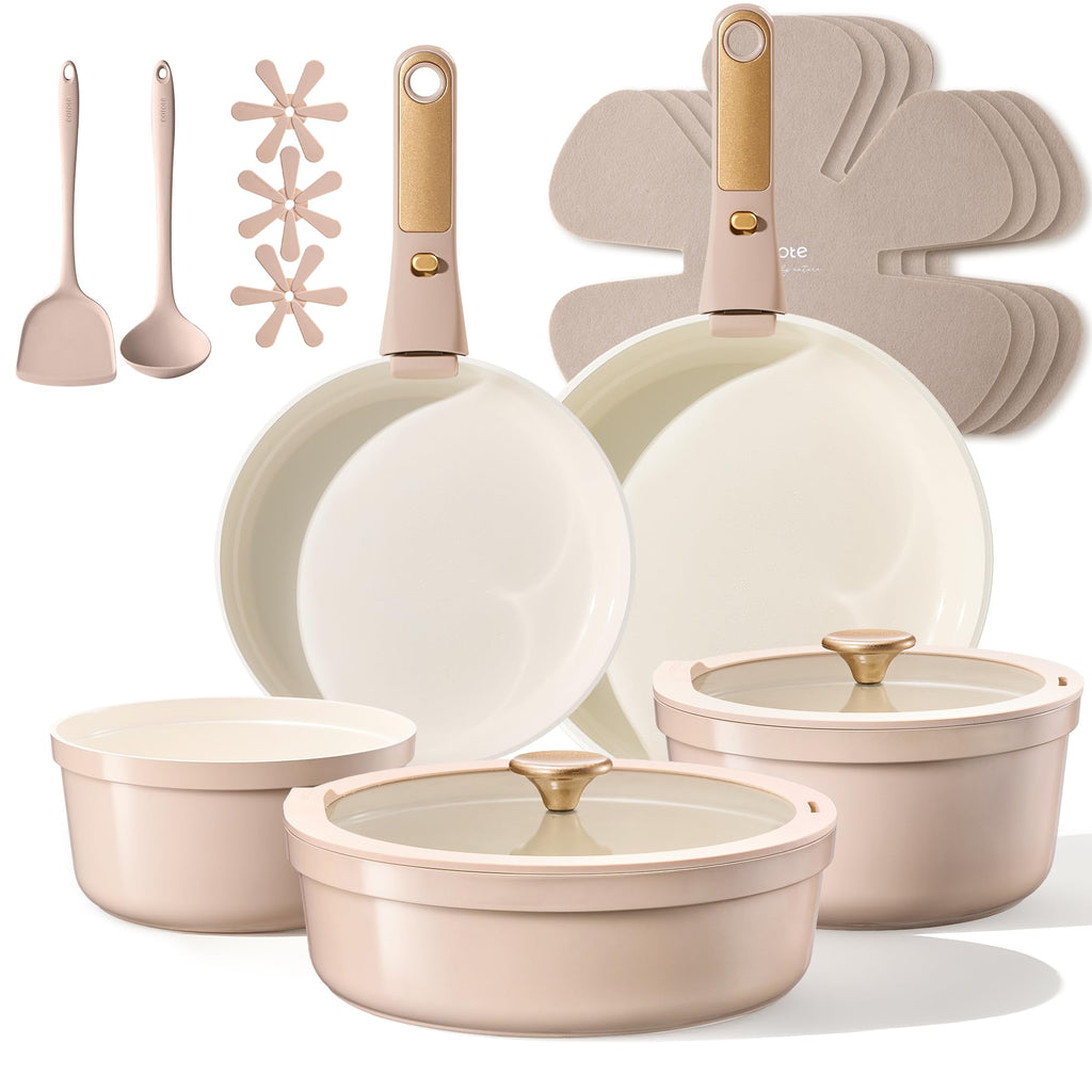 CAROTE 19pcs Pots and Pans Set Non Stick, Nonstick Cookware Set Detachable Handle, Induction Kitchen Cooking Sets with Removable Handle, RV Kitchen, Oven Safe, Taupe