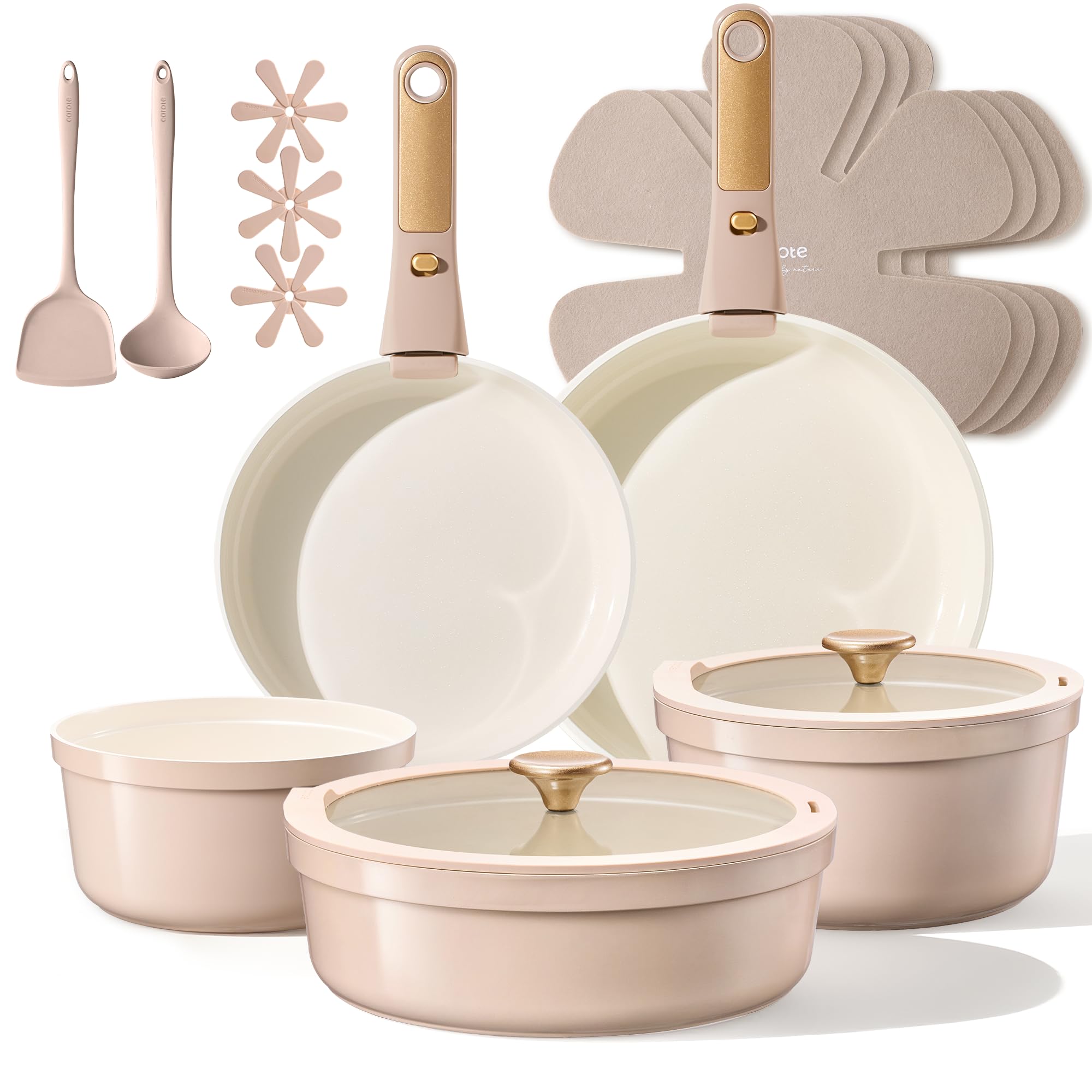 CAROTE 19pcs Pots and Pans Set Non Stick, Nonstick Cookware Set Detachable Handle, Induction Kitchen Cooking Sets with Removable Handle, RV Kitchen, Oven Safe, Taupe