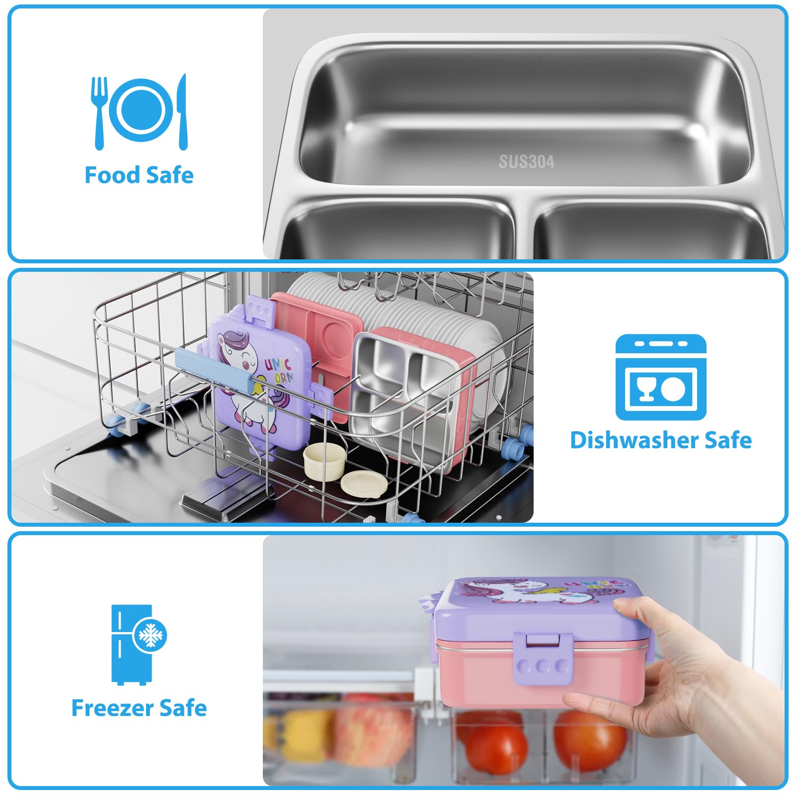 Freshmage Stainless Steel Double-Layer Bento Box Container with 3 Compartments, Large Capacity Leakproof and BPA Free Bento Lunch Box, Durable,Drop-Proof, Dishwasher Safe, Pink