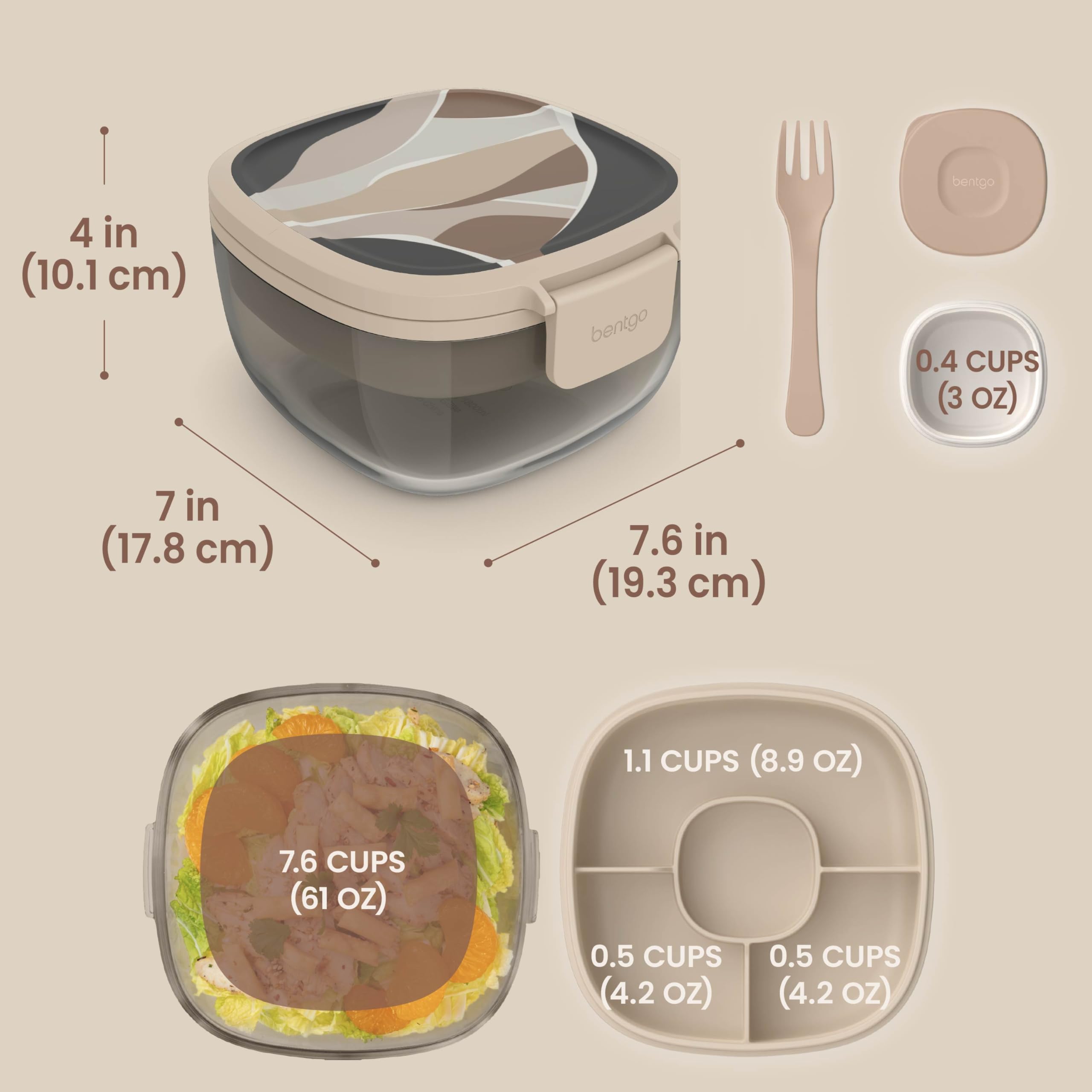 Bentgo Glass Salad Container - 7.6-Cup Salad Bowl with Airtight Lid, Leak-Proof Sauce Container, 4-Compartment Bento Tray & Reusable Fork - BPA-Free for Meal Prep, Office & More (Lavender)