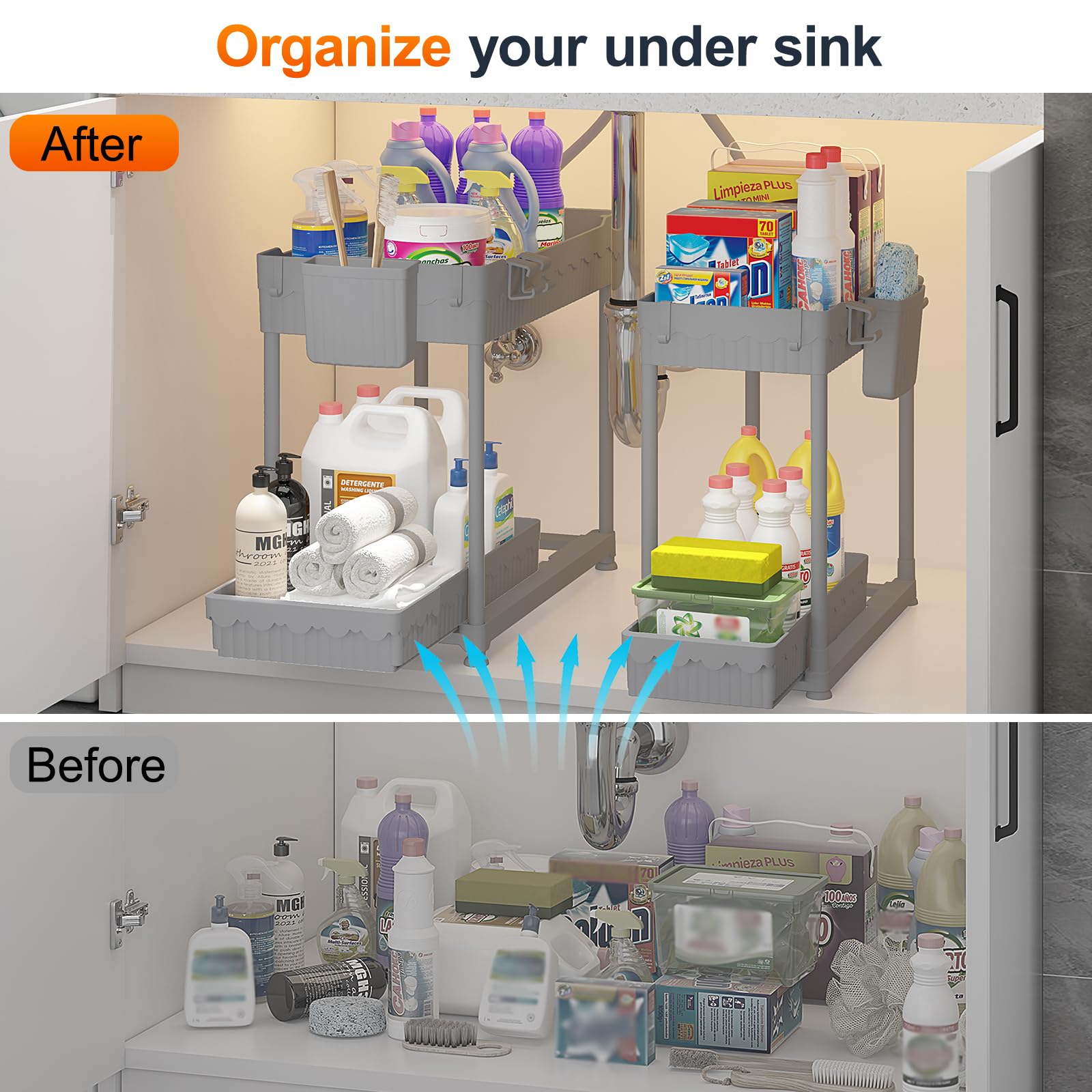 4 Pack Under Sink Organizer, Bathroom Organizers and Storage, 2 Tier Multi-Use Pull Out Cabinet Organizer with Hang Hooks and Cups (Black, 4 Pack)