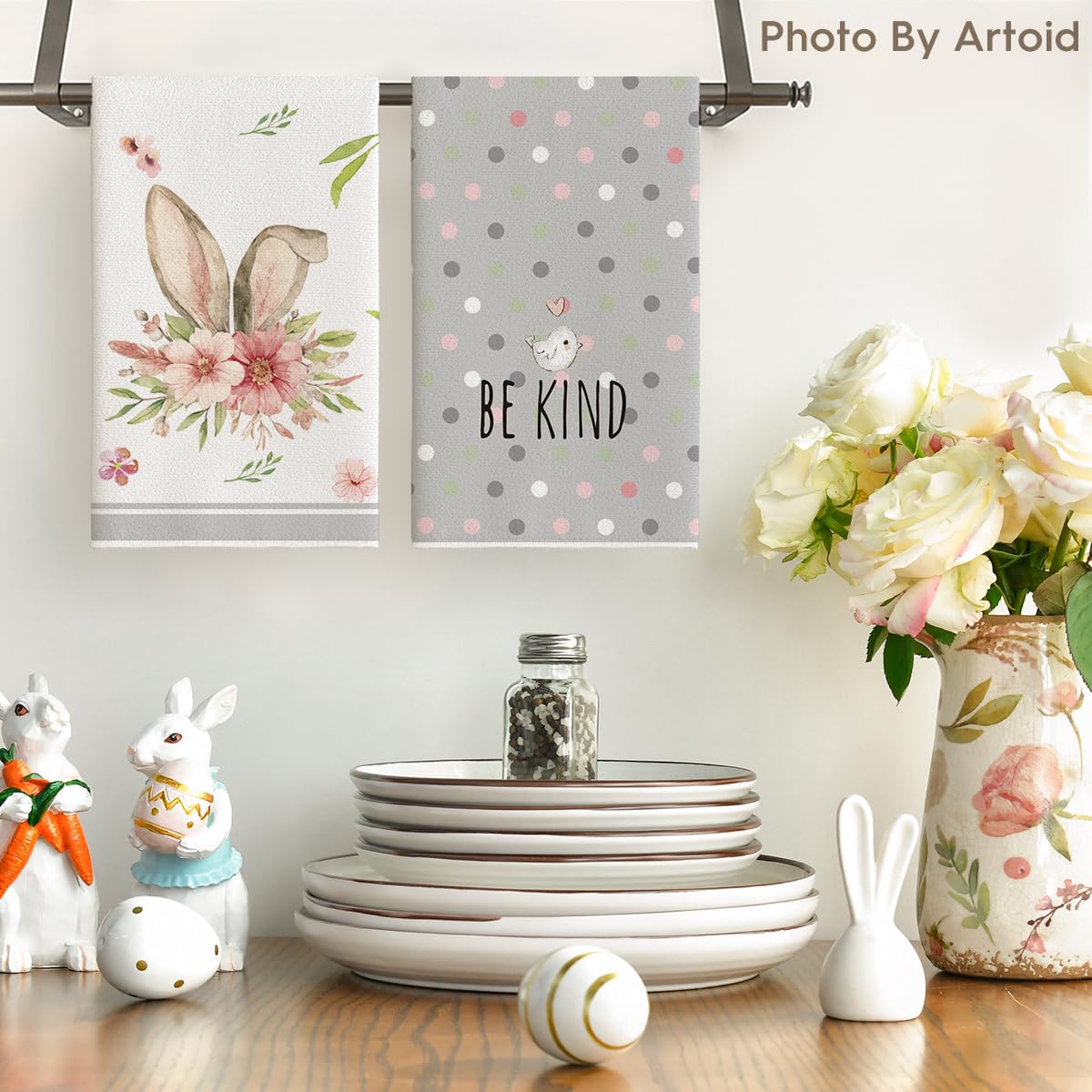 Artoid Mode Pink Bunny Rabbit Ears Floral Leaves Easter Kitchen Towels Dish Towels, 18x26 Inch Be Kind Seasonal Decoration Hand Towels Set of 4