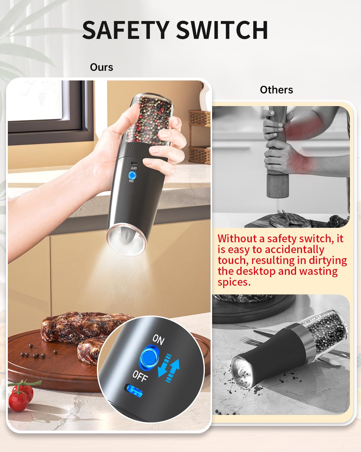 CIRCLE JOY Rechargeable Salt and Pepper Grinder Set Gravity Electric Salt and Pepper Grinder Set, LED Light, Adjustable Coarseness, for Home Kitchen BBQ, Black & White