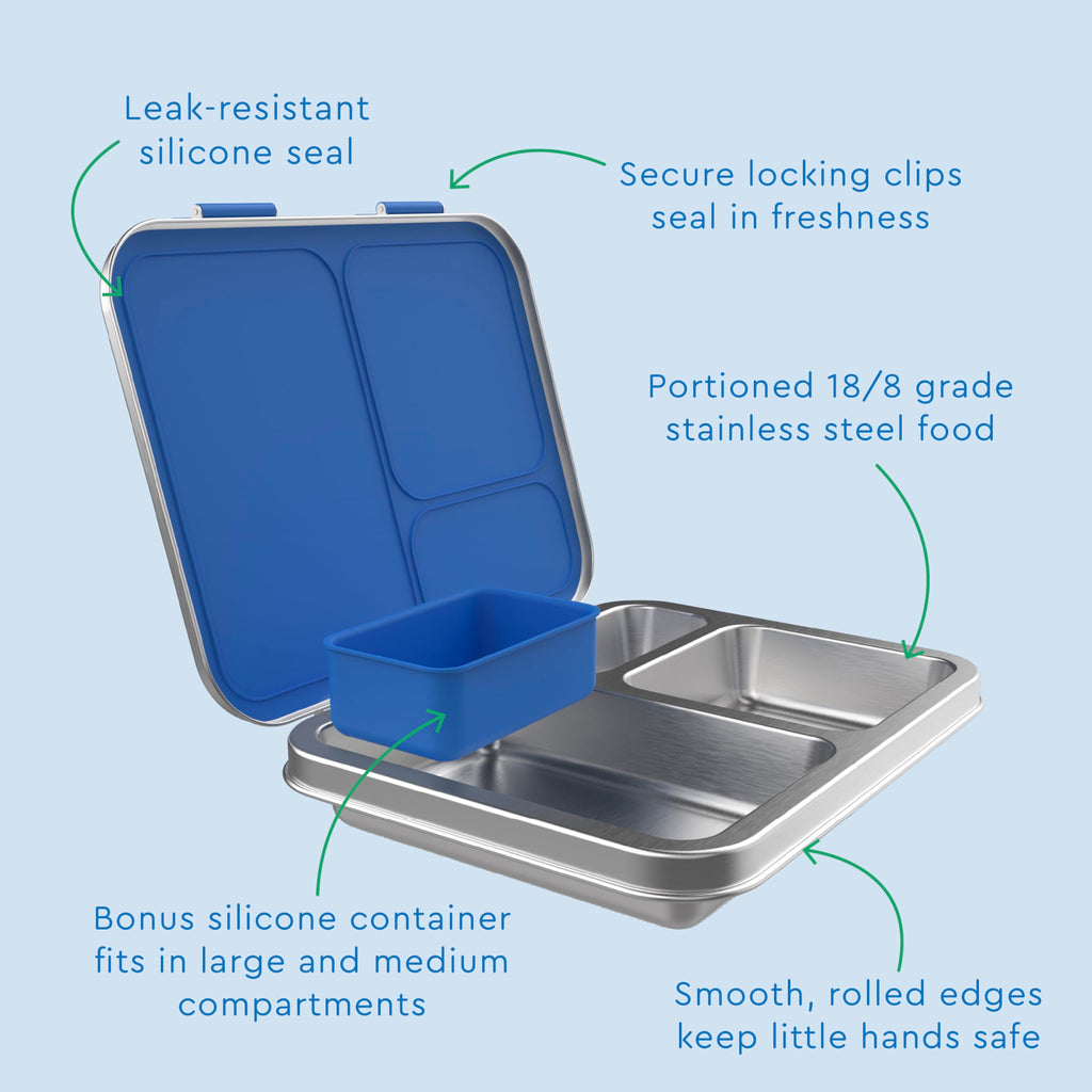 Bentgo Kids Stainless Steel Leak-Resistant Lunch Box - 3-Compartments with Bonus Silicone Container, Durable, Eco-Friendly, Dishwasher Safe, BPA-Free, Ideal for School, Ages 3+ (Blue)