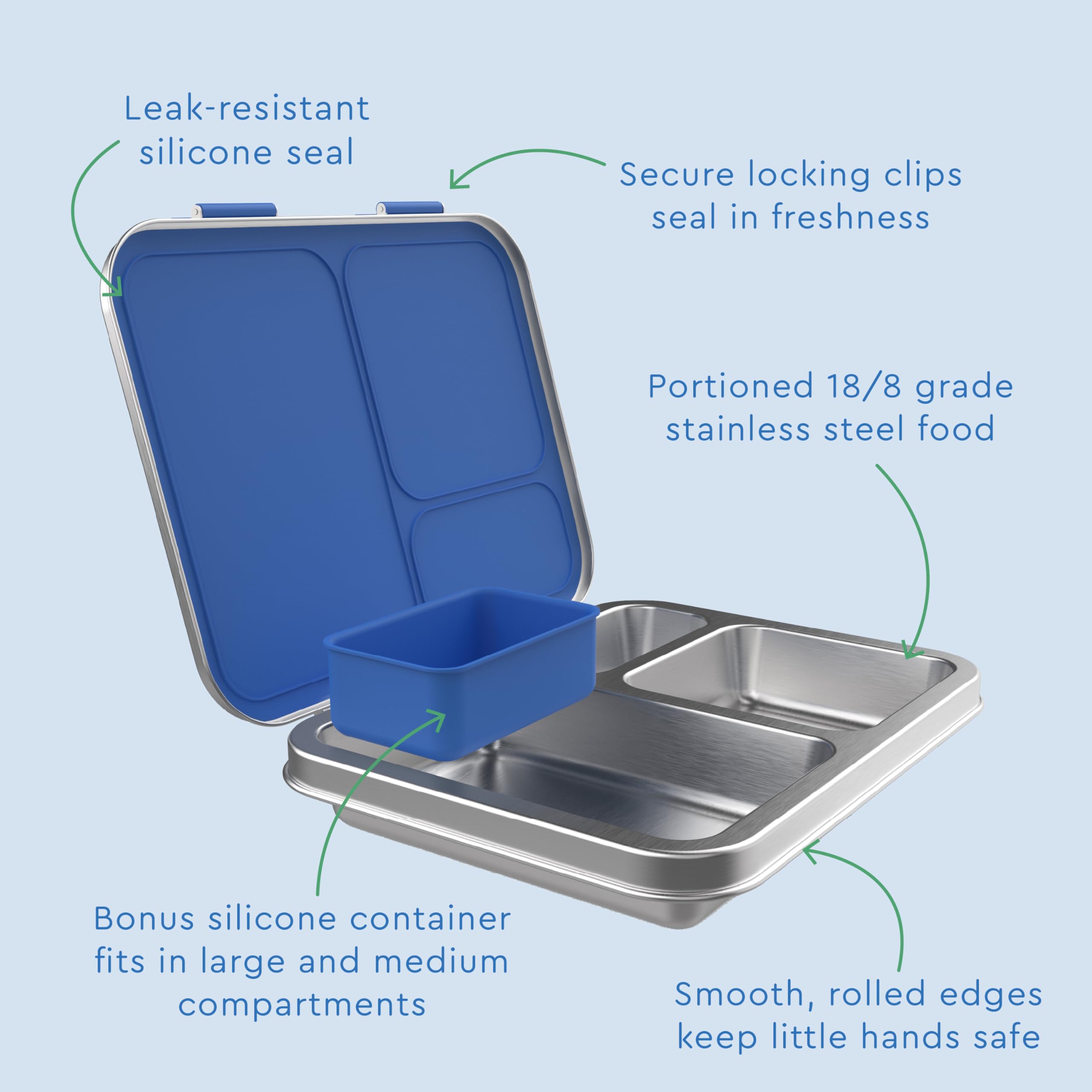 Bentgo Kids Stainless Steel Leak-Resistant Lunch Box - 3-Compartments with Bonus Silicone Container, Durable, Eco-Friendly, Dishwasher Safe, BPA-Free, Ideal for School, Ages 3+ (Blue)