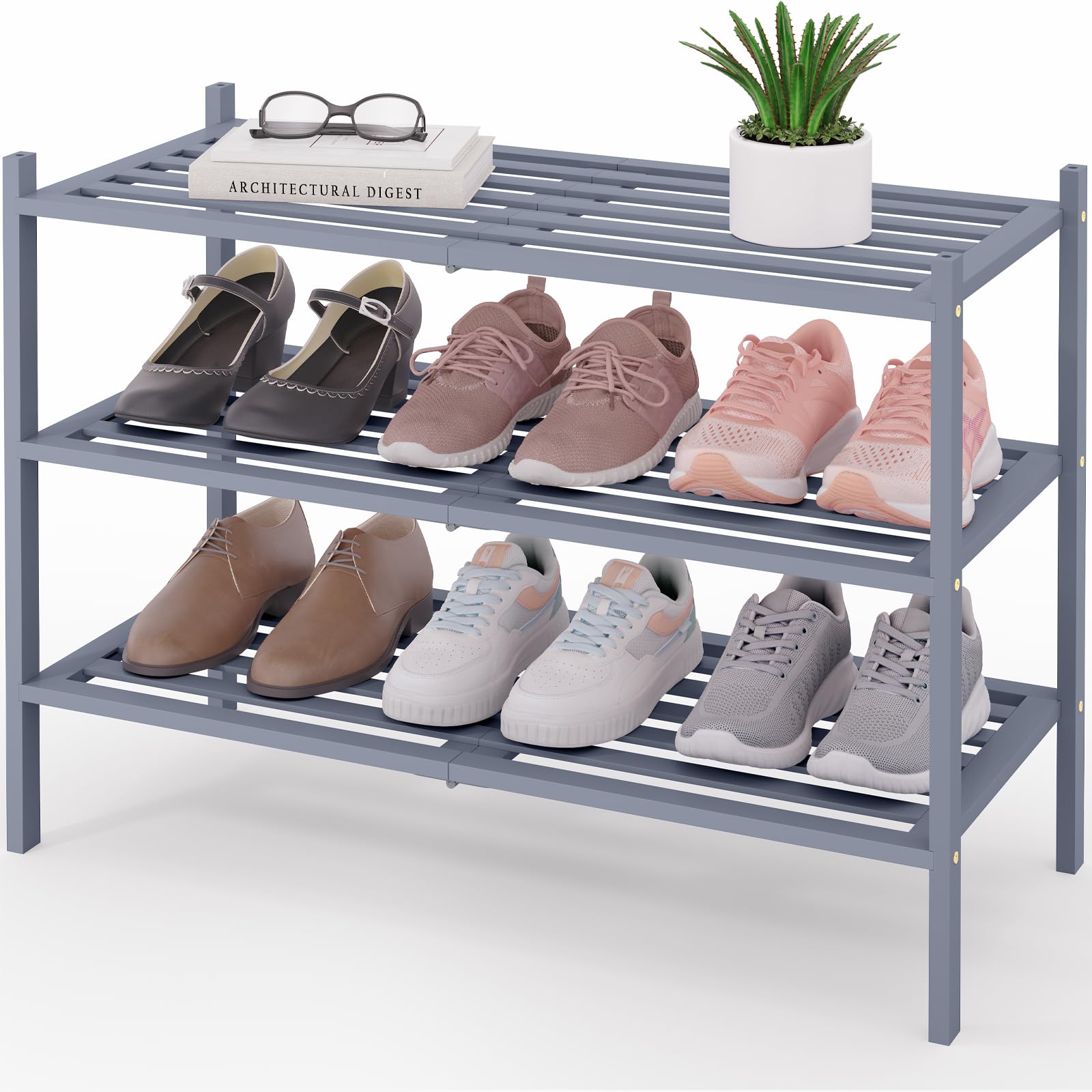 Smiry Bamboo Shoe Rack 3-Tier, Stackable Wooden Shoe Organizer for Entryway & Closet, Free Standing Wood Shoe Storage Shelf for Front Door & Small Spaces, Natural
