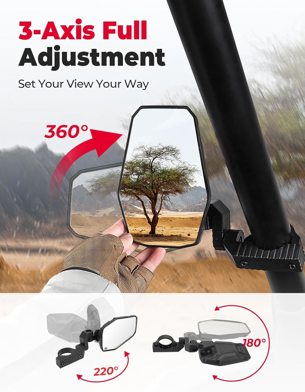 KEMIMOTO UTV Side Mirrors, UTV Mirrors for 1.65-2 inch Roll bar Compatible with Polaris RZR, Can-Am Maverick X3, Pioneer, Talon, Teryx, Gator, CFMOTO, Multi-Adjustment Convex Mirrors