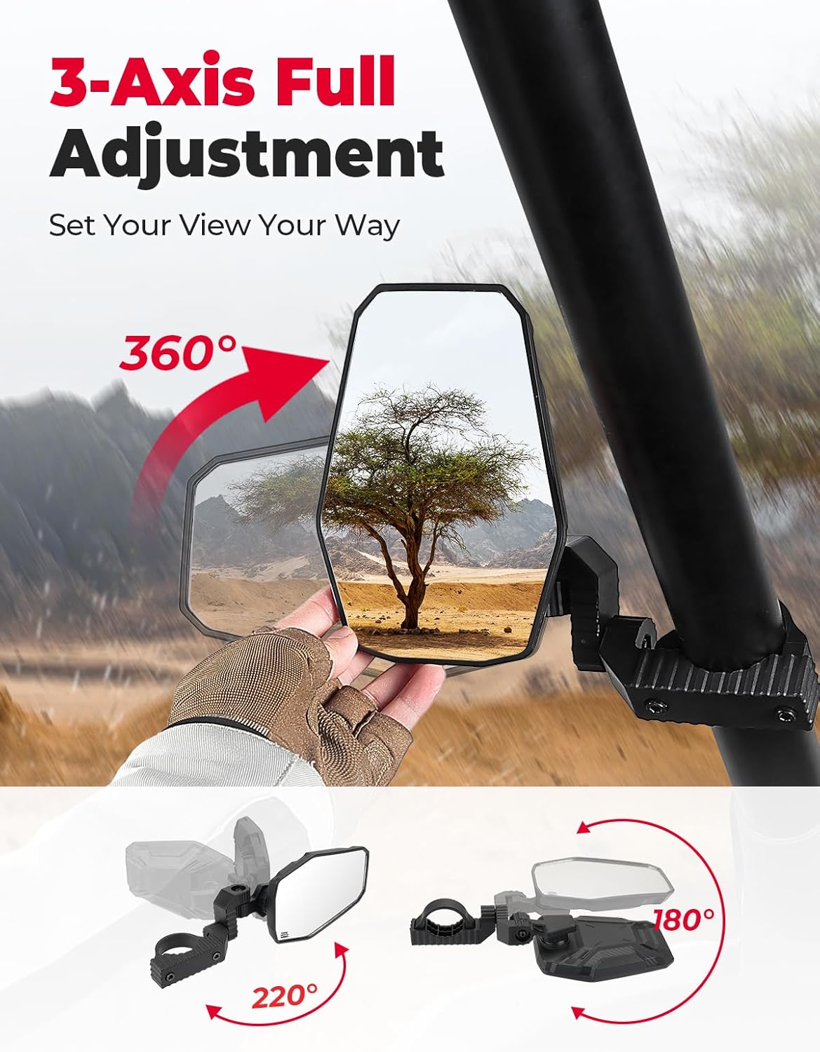 KEMIMOTO UTV Side Mirrors, UTV Mirrors for 1.65-2 inch Roll bar Compatible with Polaris RZR, Can-Am Maverick X3, Pioneer, Talon, Teryx, Gator, CFMOTO, Multi-Adjustment Convex Mirrors