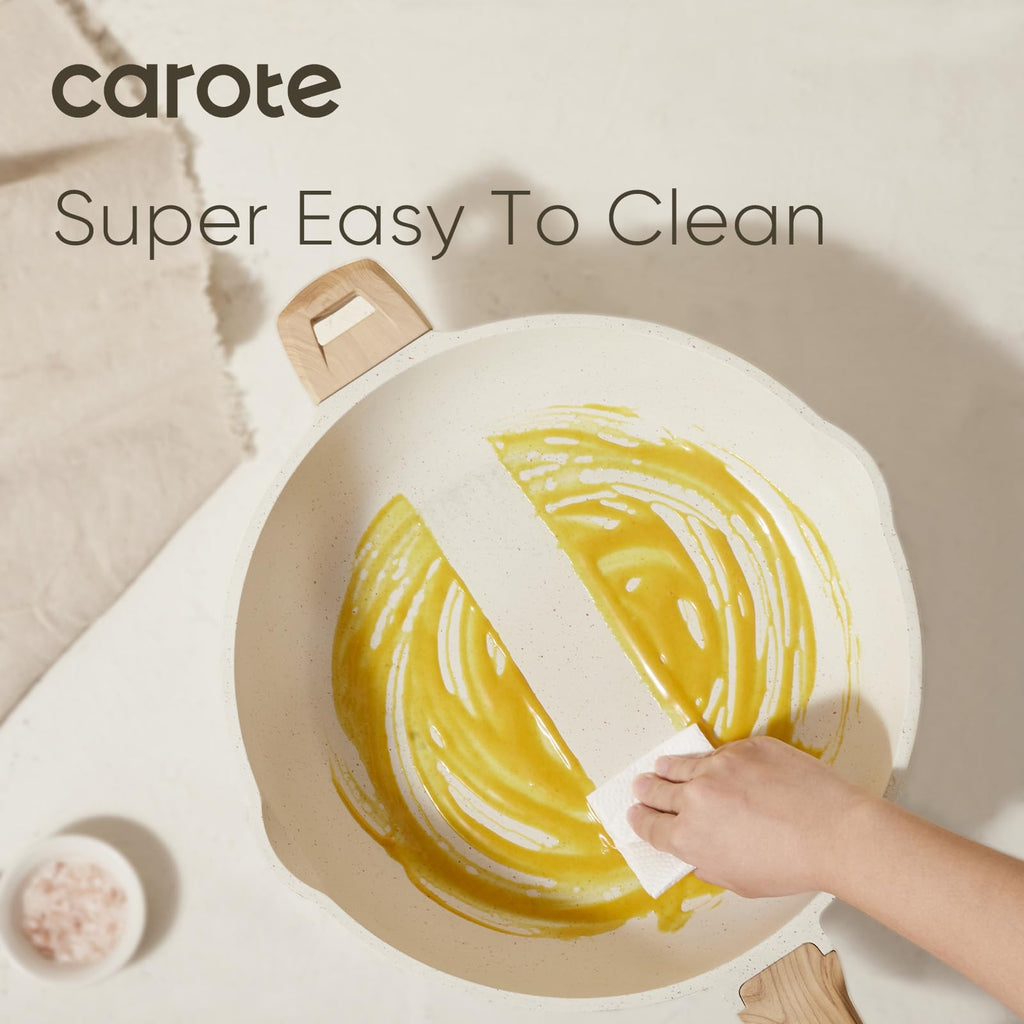 CAROTE 12Inch Nonstick Deep Frying Pan with Lid, 5.5 Qt Jumbo Cooker Saute Pan with Pour Spout, Skillet Induction Cookware, Non Stick Cooking Pan Kitchen Pan PFOA Free, White Granite