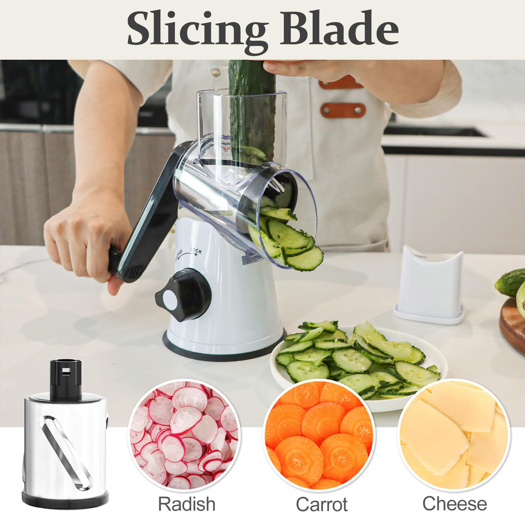 Cambom 5 in 1 Rotary Cheese Grater Hand Crank Cheese Shredder for Fresh Cheese, Vegetable, Nuts,Non-slip Suction Base, Black