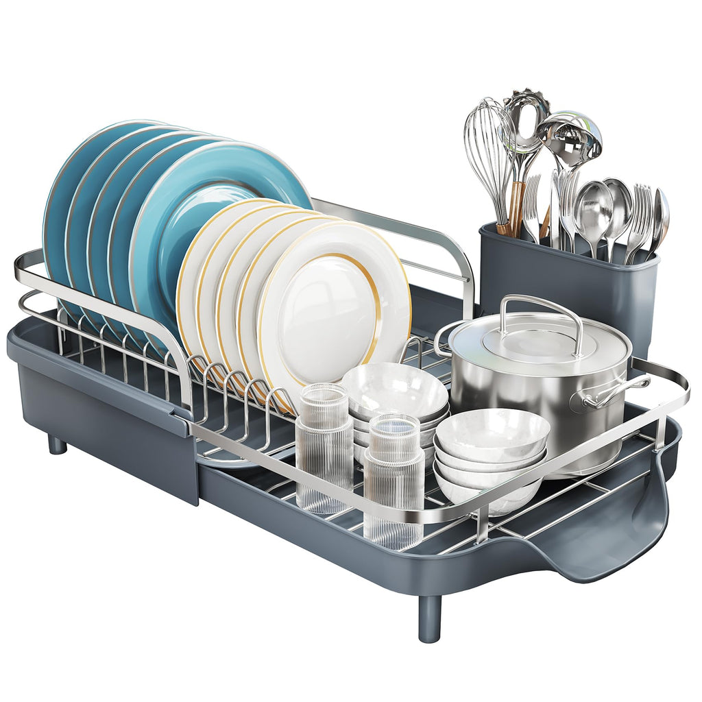 SNTD Dish Drying Rack, Expandable Dish Rack for Kitchen Counter, Stainless Steel Dish Drainer with Drainboard Set and Utensil Holder (Black)