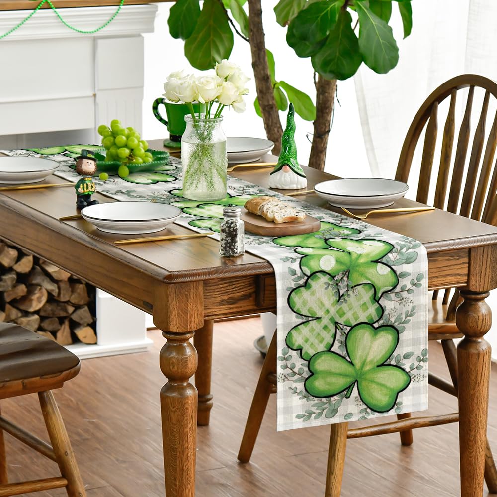 Artoid Mode Clover Shamrocks Eucalyptus Buffalo Plaid St.Patrick's Day Table Runner, Seasonal Kitchen Dining Table Runner for Home Party Decor 13x72 Inch