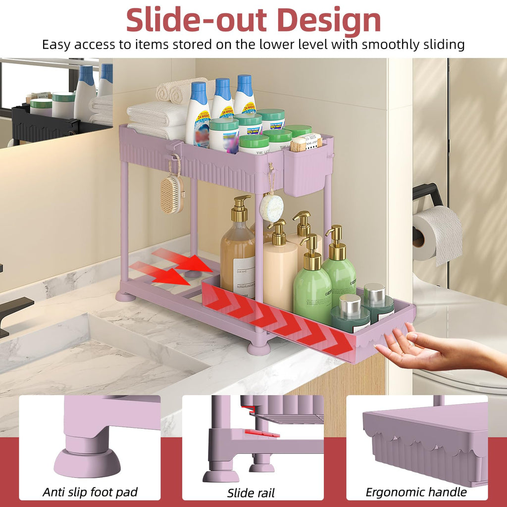 4 Pack Under Sink Organizer, Bathroom Organizers and Storage, 2 Tier Multi-Use Pull Out Cabinet Organizer with Hang Hooks and Cups (Black, 4 Pack)