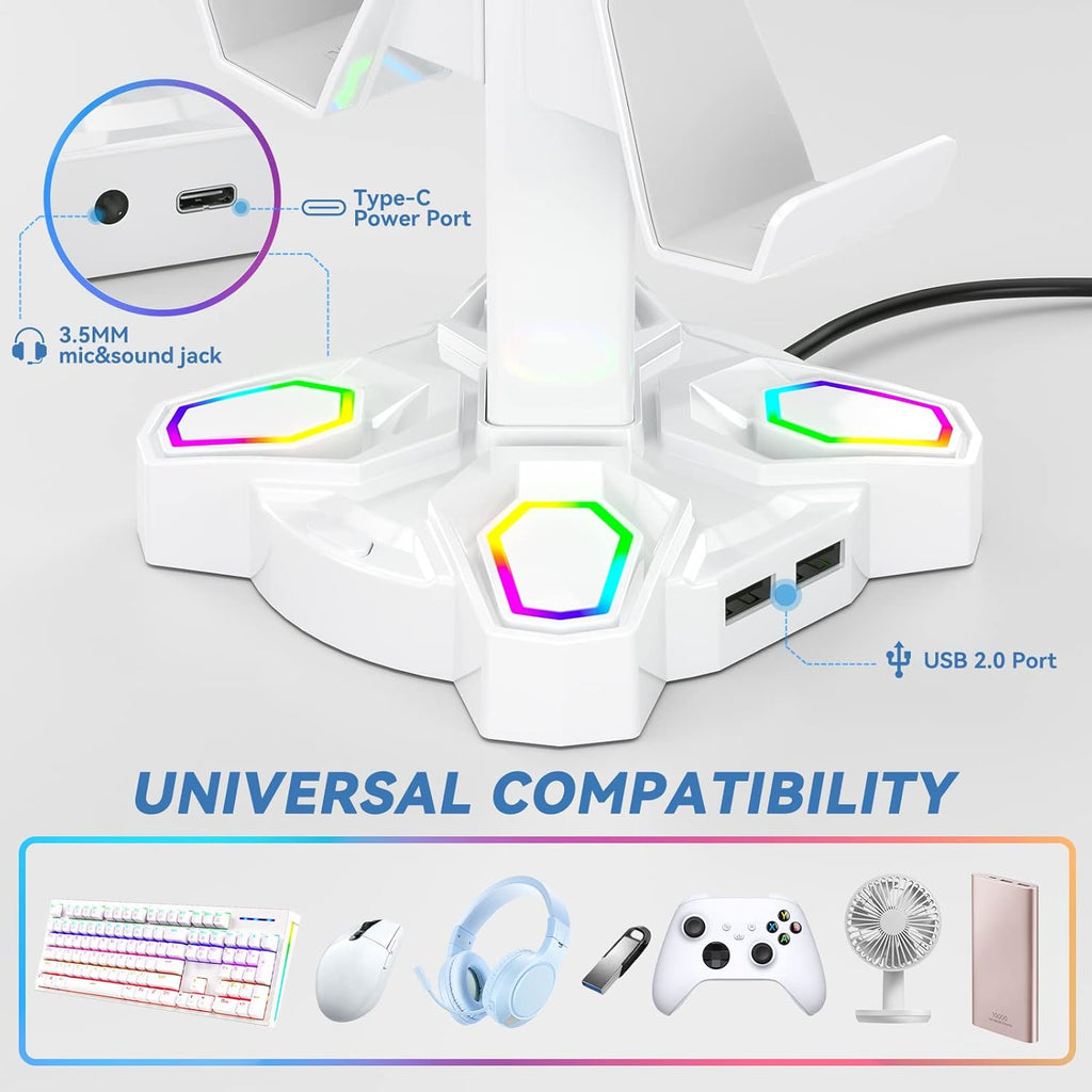 KDD Gaming RGB Headphones Stand & 4 in 1 Desk Cup Holder - Rotatable Headset Stand with 9 Light Modes - Clamp on Under Desk Headphone Hanger