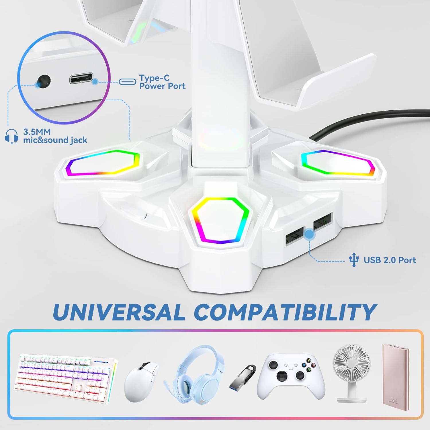 KDD Gaming RGB Headphones Stand & 4 in 1 Desk Cup Holder - Rotatable Headset Stand with 9 Light Modes - Clamp on Under Desk Headphone Hanger