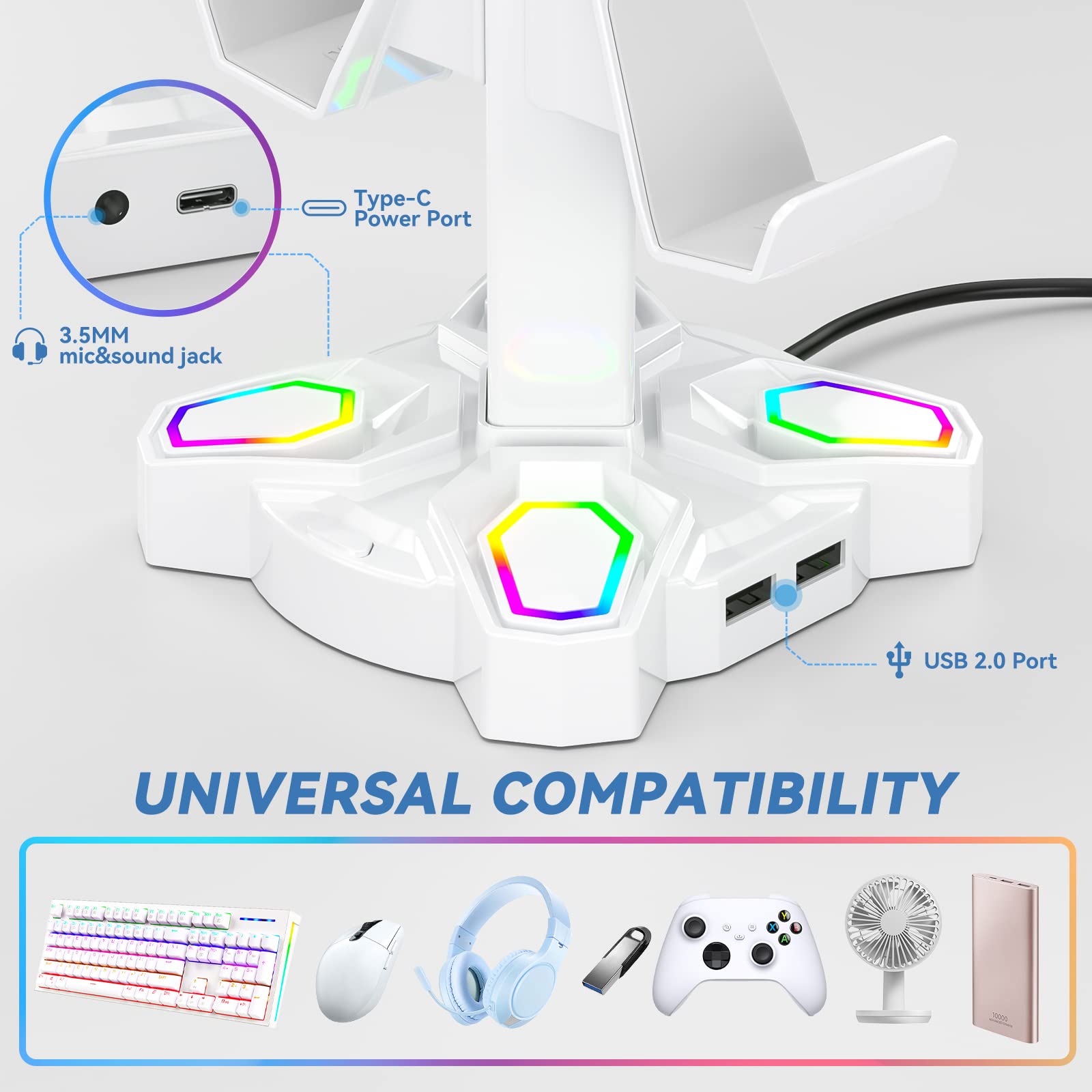 KDD Gaming Headphones Stand, Rotatable Headset Stand with Light Modes - Controller Holder with 2 USB Charging Ports and 3.5mm - Earphone Hanger Accessories for Desktop Gamer(Black)