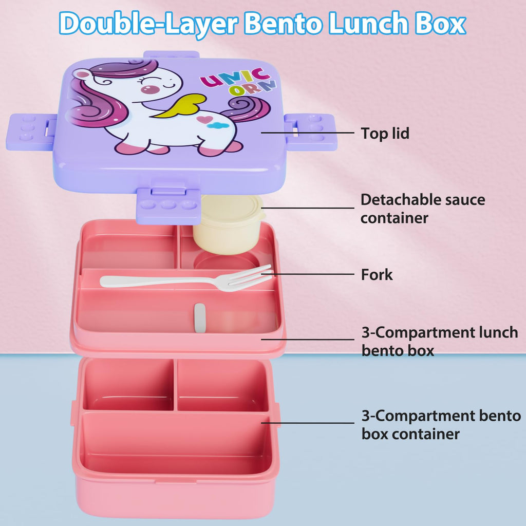 Freshmage Stainless Steel Double-Layer Bento Box Container with 3 Compartments, Large Capacity Leakproof and BPA Free Bento Lunch Box, Durable,Drop-Proof, Dishwasher Safe, Pink