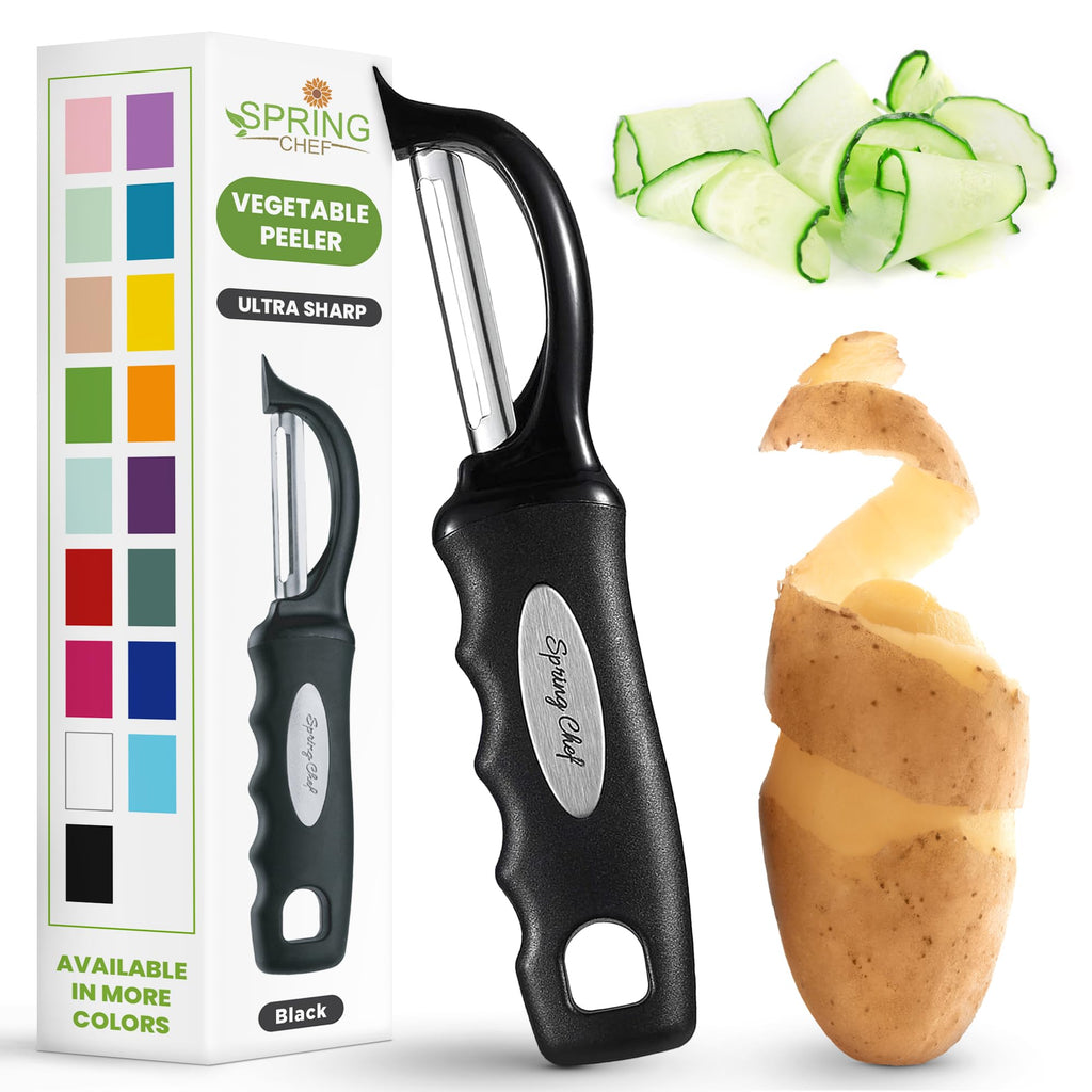 Spring Chef Premium Swivel Vegetable Peeler, Soft Grip Handle and Ultra Sharp Stainless Steel Blades - Perfect Kitchen Peeler For Veggie, Fruit, Potato, Carrot, Apple - Black