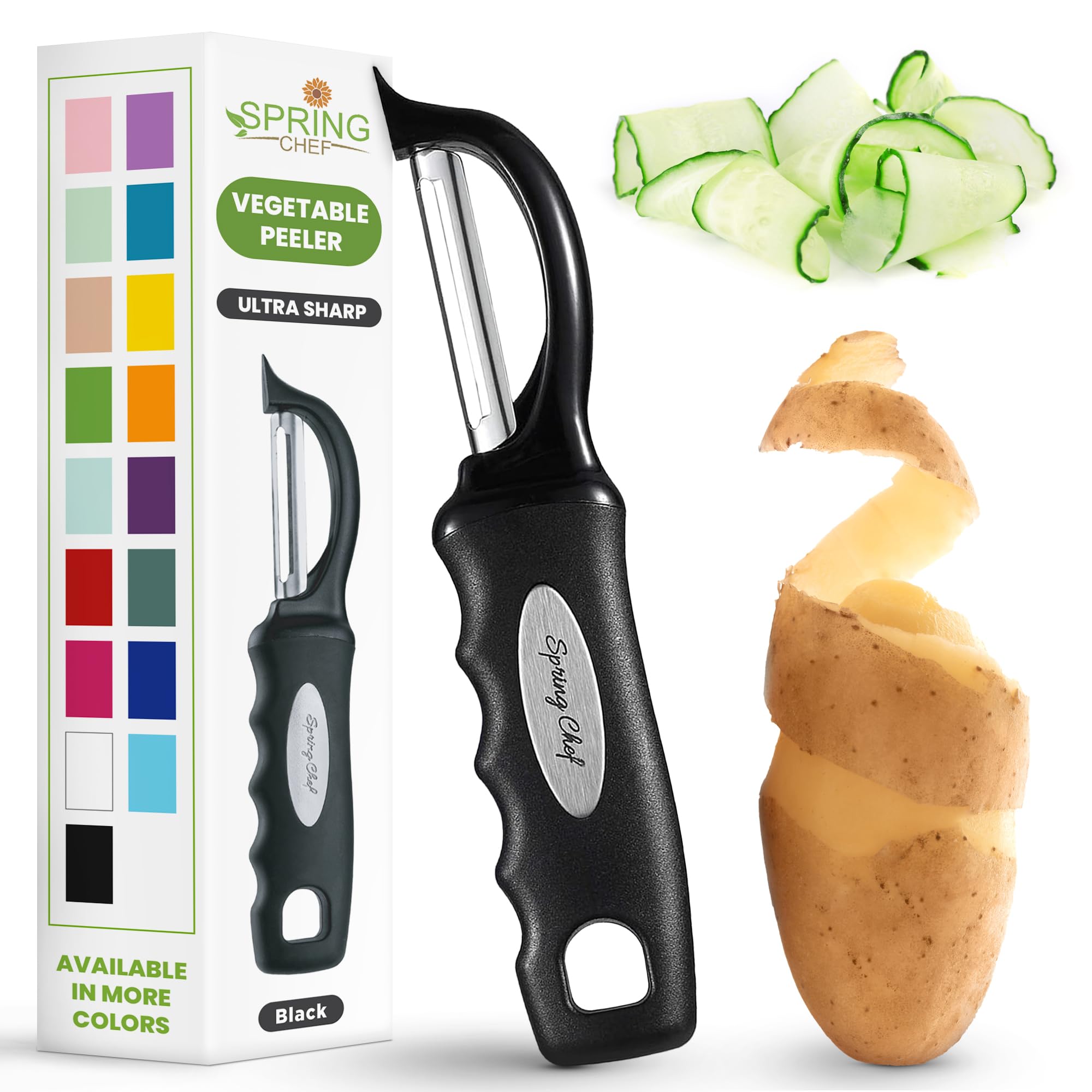Spring Chef Premium Swivel Vegetable Peeler, Soft Grip Handle and Ultra Sharp Stainless Steel Blades - Perfect Kitchen Peeler For Veggie, Fruit, Potato, Carrot, Apple - Black