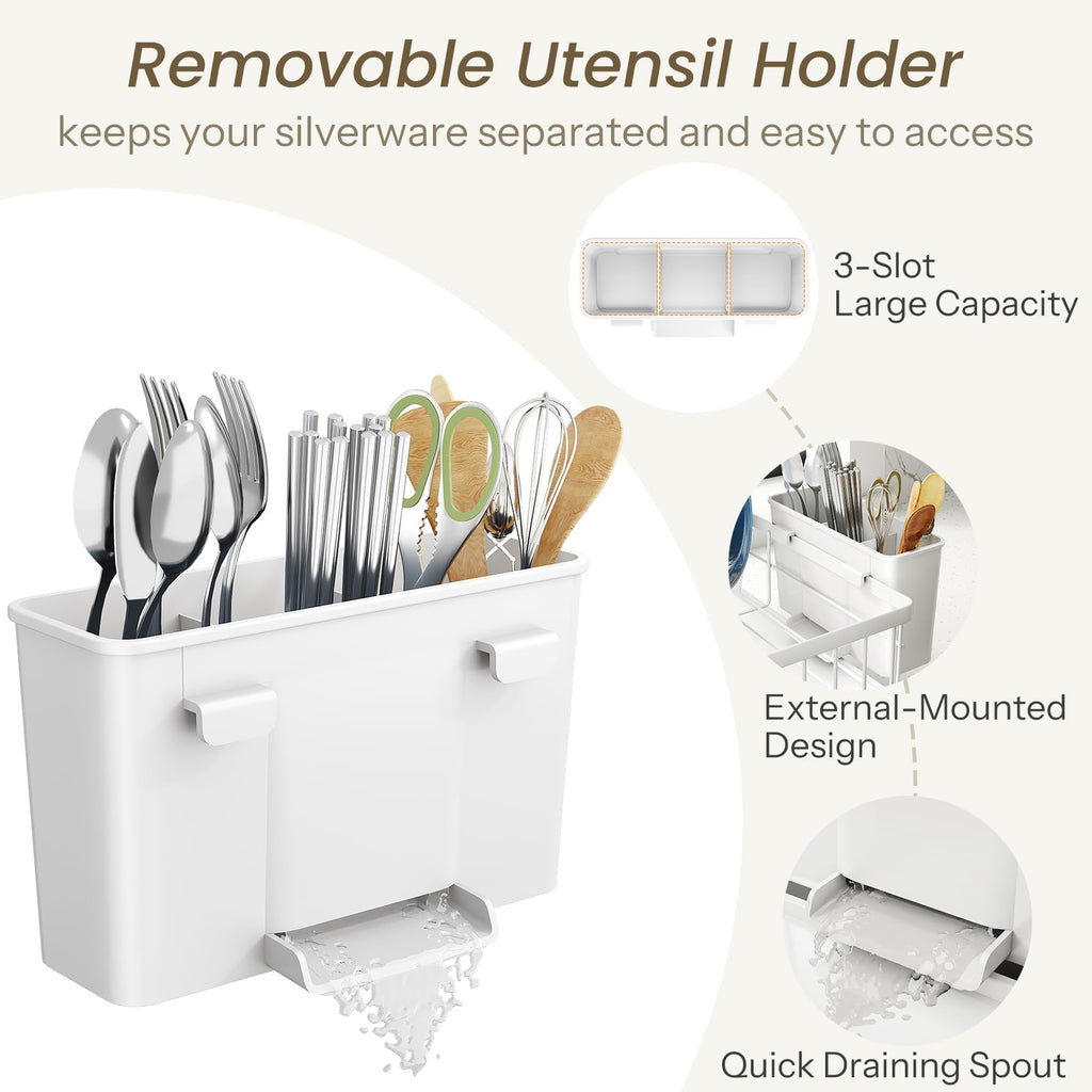 SNTD Dish Drying Rack - Small Dish Rack for Kitchen Counter, Stainless Steel Dish Drainer with Utensil Holder and Drainboard, 11" W x 15" L (Black)