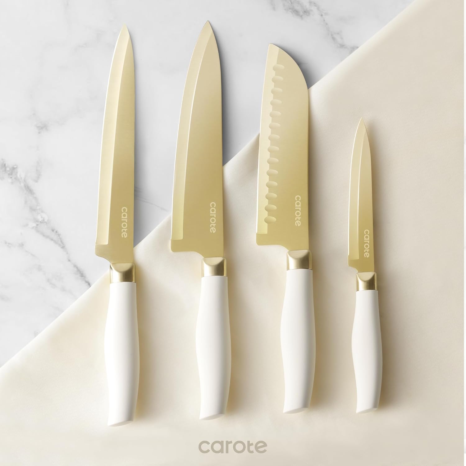 CAROTE 12PCS Kitchen Knife Set, Healthy Gold Titanium Coating Knife Set, Dishwasher Safe with 6 Blade Guards, Rustproof Stainless Steel Cutlery Set, White and Gold