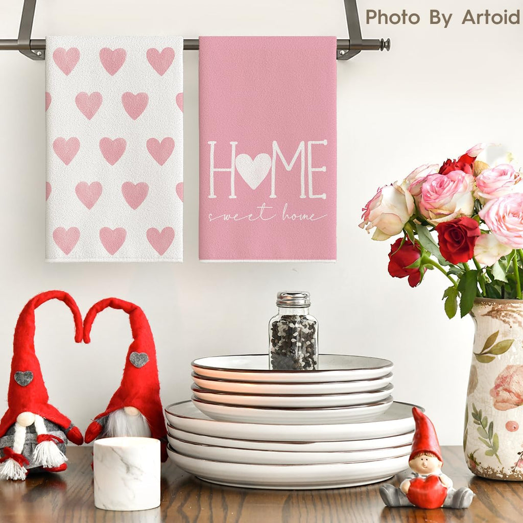 Artoid Mode Pink Heart Love Home Sweet Home Valentine's Kitchen Towels Dish Towels, 18x26 Inch Anniversary Wedding Decoration Hand Towels Set of 2