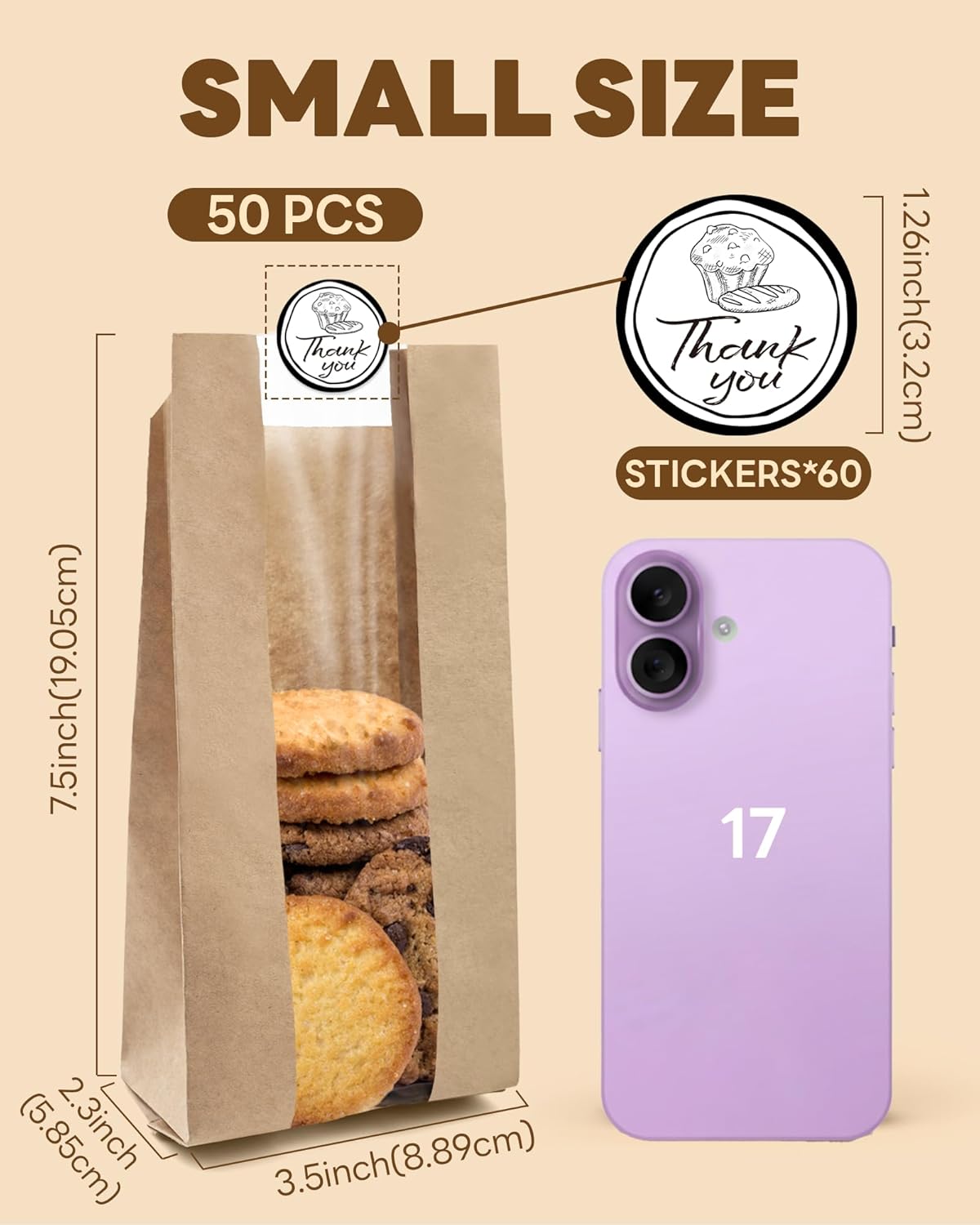 50 PCS Small Cookie Bags with Seal, 3.5"x 2.3"x7.5" Kraft Brown Paper Bags with Stickers, Bakery Bag for Snack, Cupcake, Coffee Bean, Party Favor, Cookie Packaging