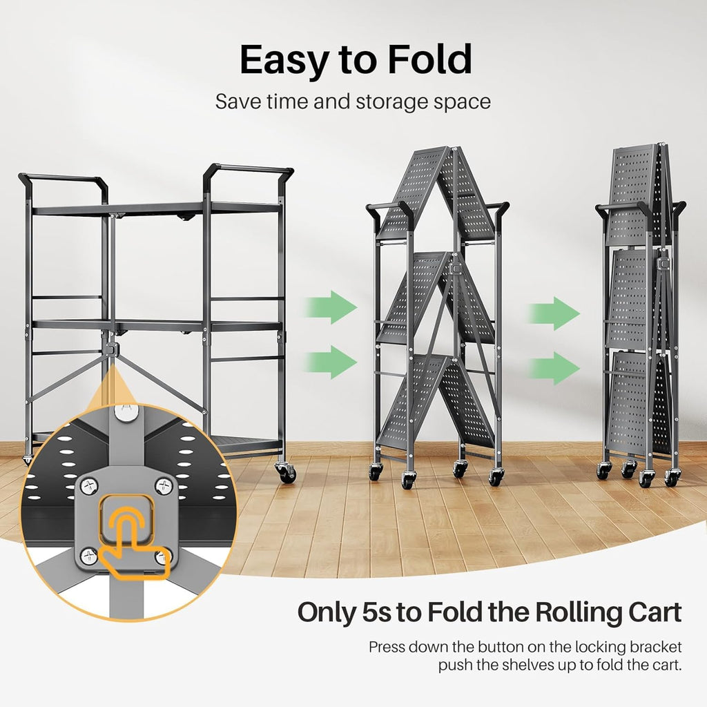SNTD 3 Tier Rolling Cart Metal - Folding Utility Carts with Wheels for Office Storage Garage Kitchen, Grey