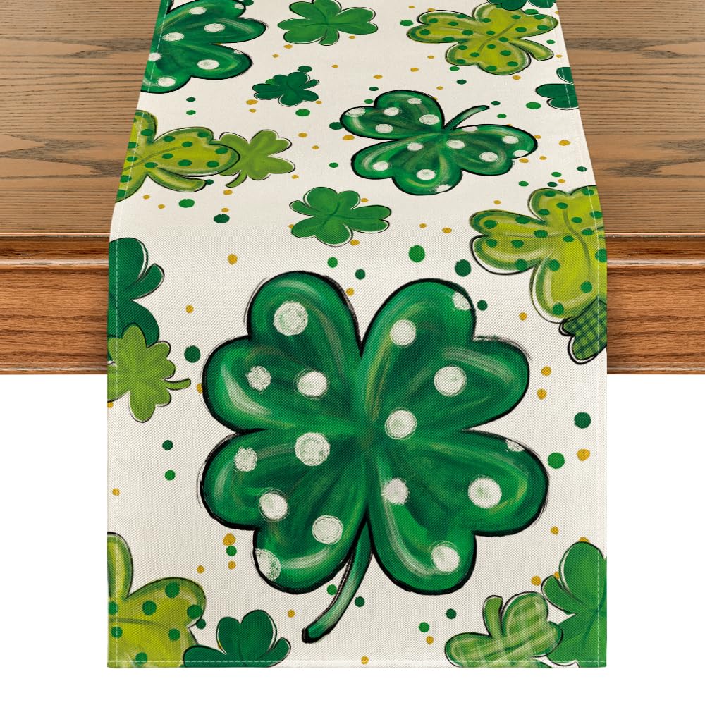 Artoid Mode Watercolor Shamrock St. Patrick's Day Table Runner, Seasonal Spring Holiday Kitchen Dining Table Decoration for Indoor Outdoor Home Party Decor 13 x 72 Inch