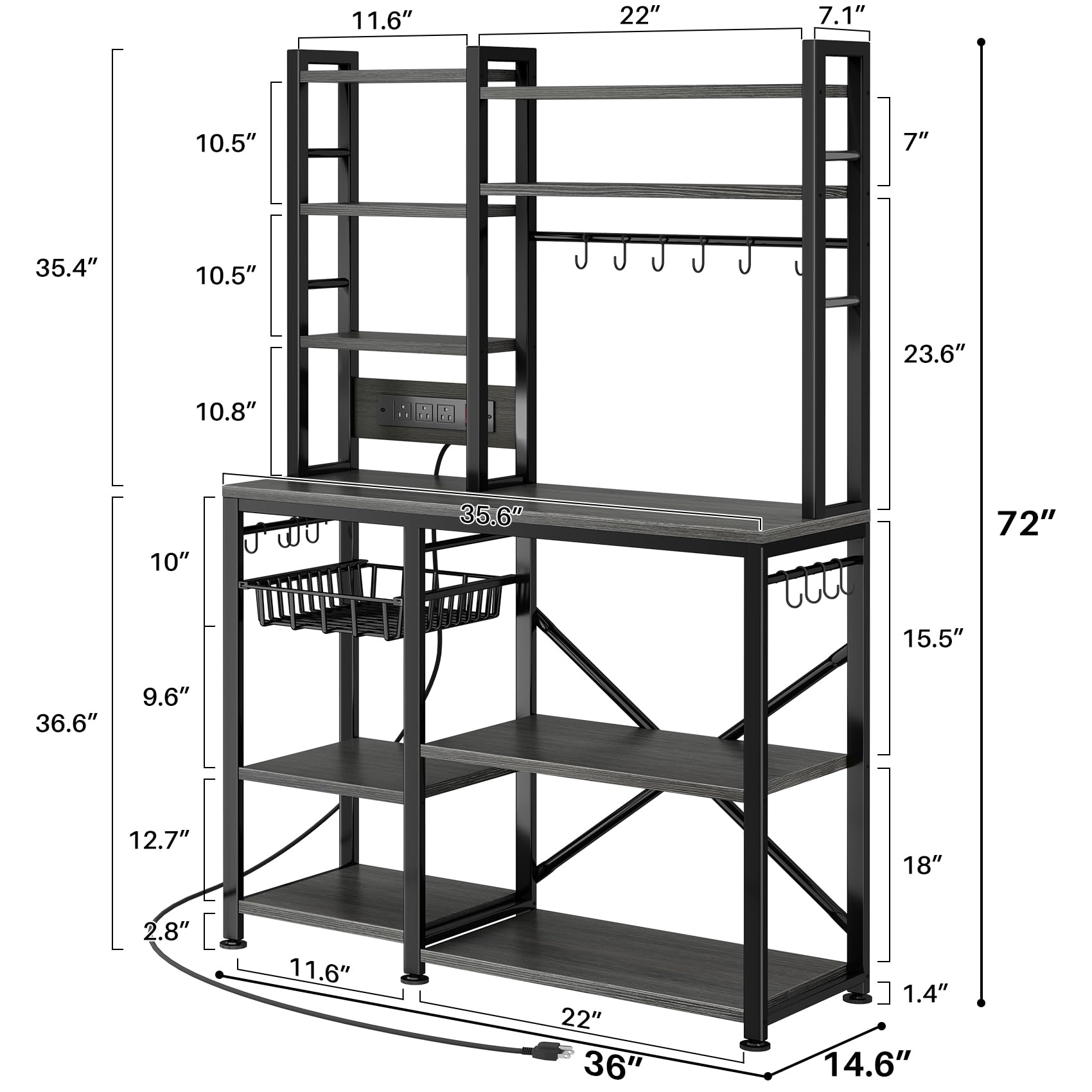 Baker Rack with Power Outlet - Microwave Stand with Storage, Large Coffee Bar Station with 14 Hooks, Metal Kitchen Shelf Rack for Spices, Pots (Rustic Brown) | with Power Outlet, with Storage, with 14 Hooks, for Spices, for Pots