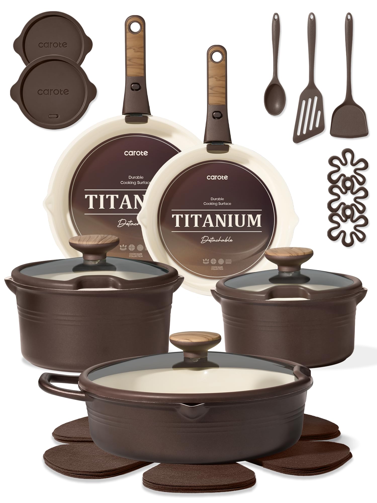 CAROTE 20Pcs Titanium Cookware Set, Pots and Pans Set Non Stick, Kitchen Cooking Set with Detachable Handle, Non Toxic Induction Cookware, Dishwasher/Oven Safe