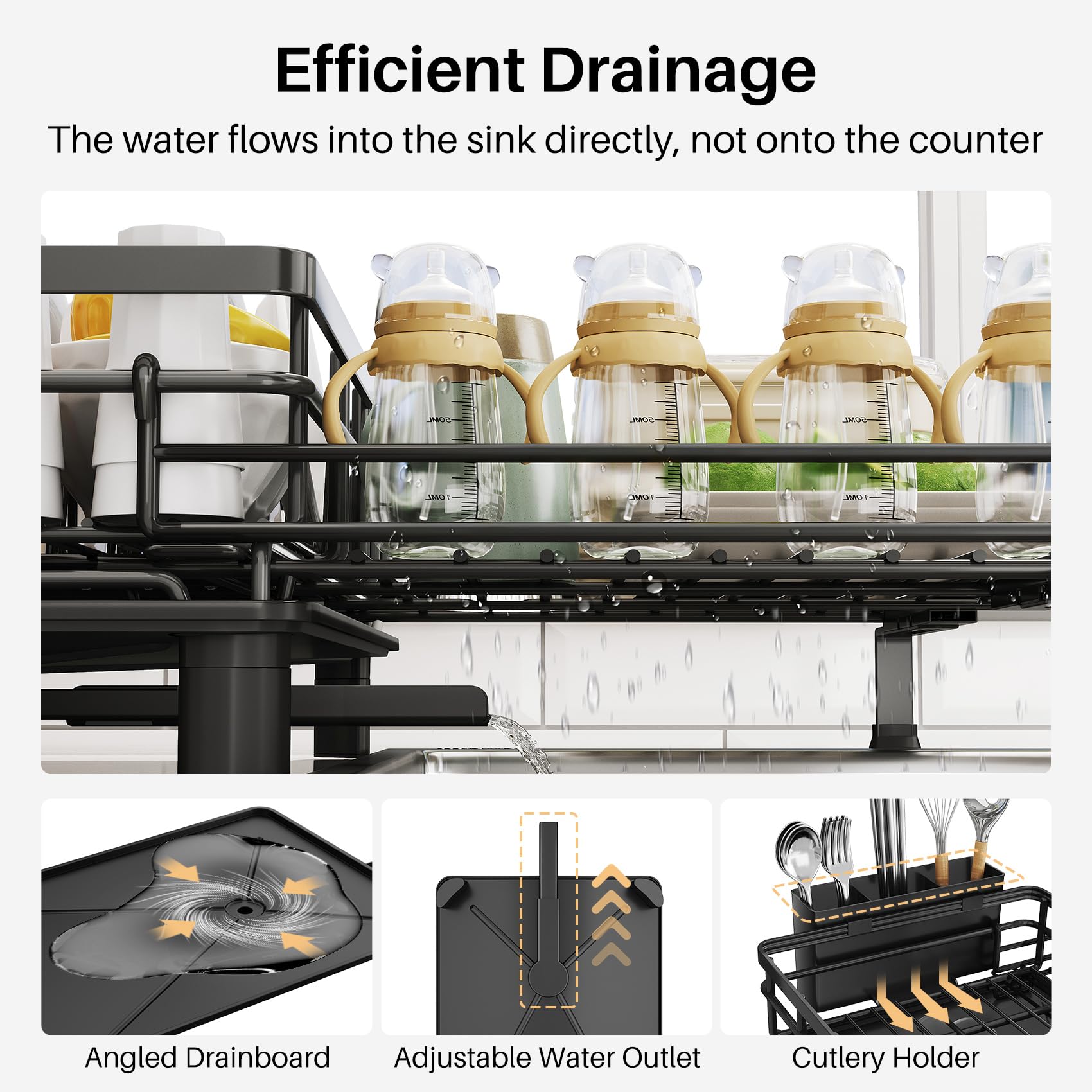 SNTD Dish Drying Rack - Extendable Dish Rack, Large Sink Drying Dish Drainer for Kitchen Counter, Stainless Steel Dish Strainer with Utensil Holder (Black)